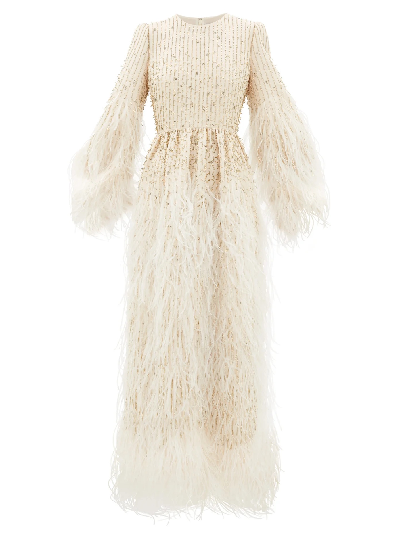 Feather-trimmed beaded wool-blend gown - 1