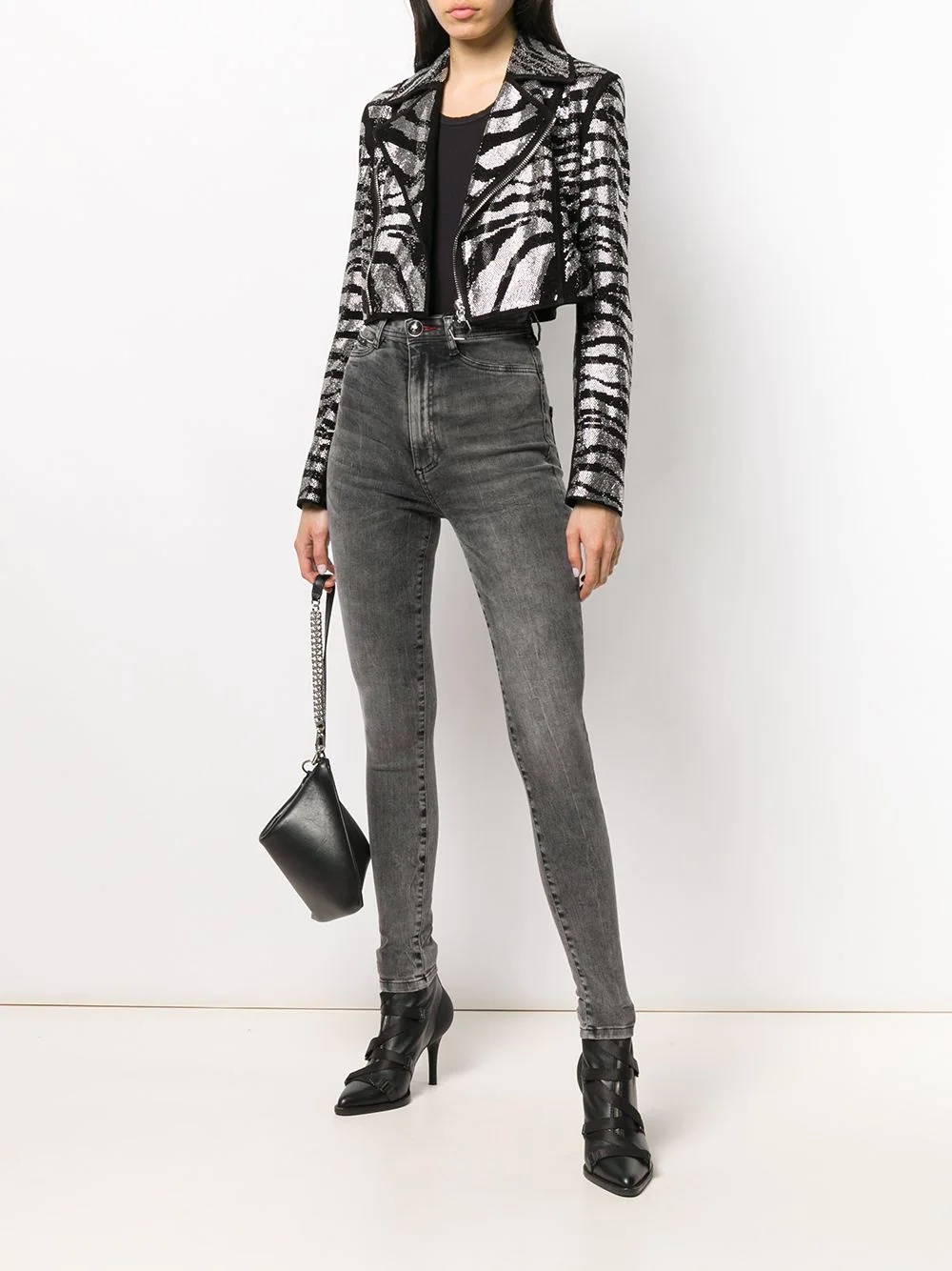 zebra-pattern crystal biker jacket - 2