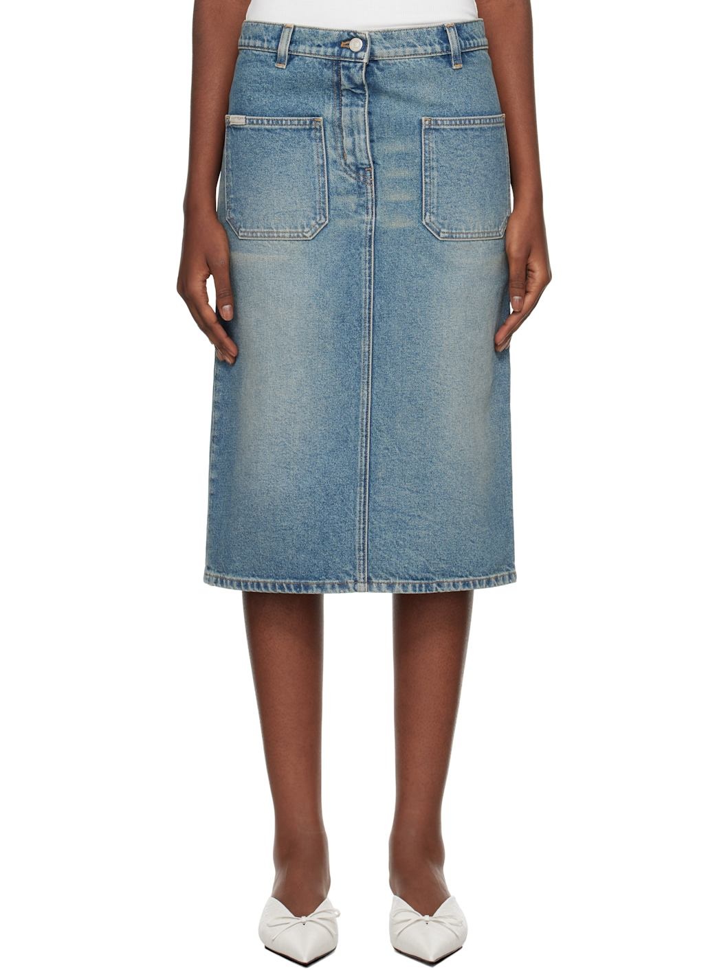 Blue Faded Denim Midi Skirt - 1