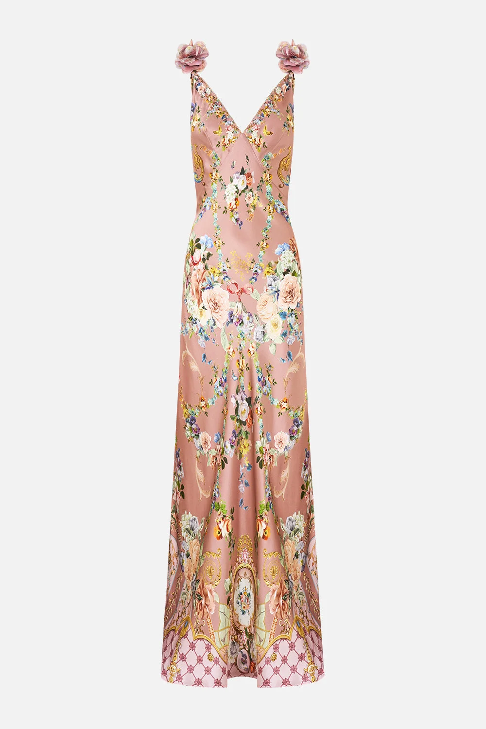 V NECK BIAS SLIP DRESS WITH BACK FRILL CHAMBER OF BLOOMS - 1