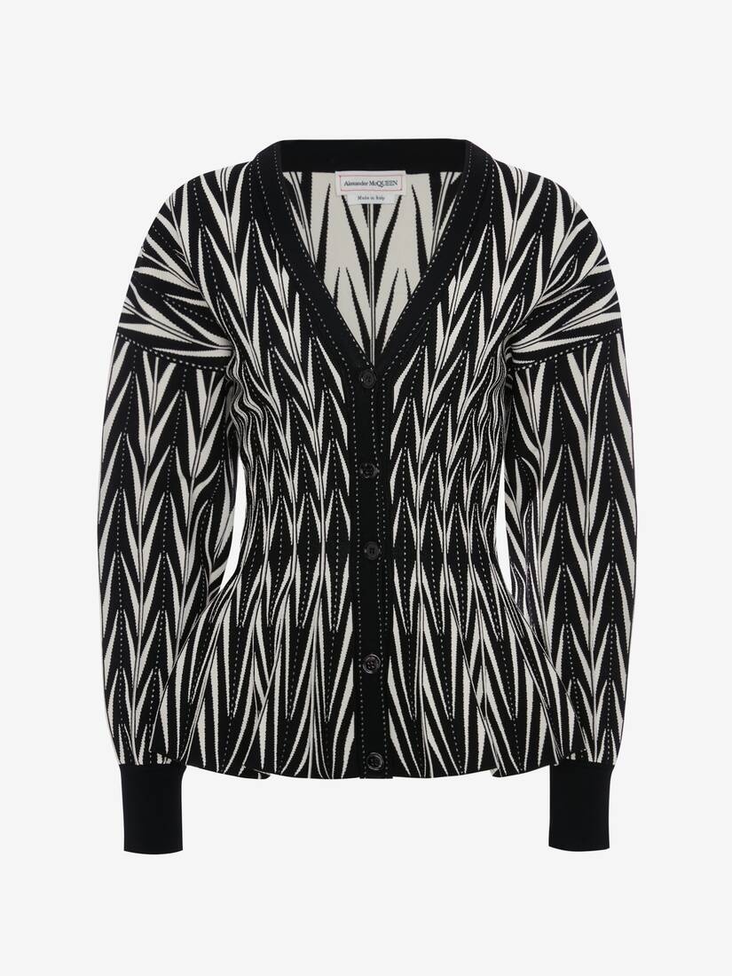 Women's Engineered Jacquard Chevron Peplum Cardigan in Black/bone - 1