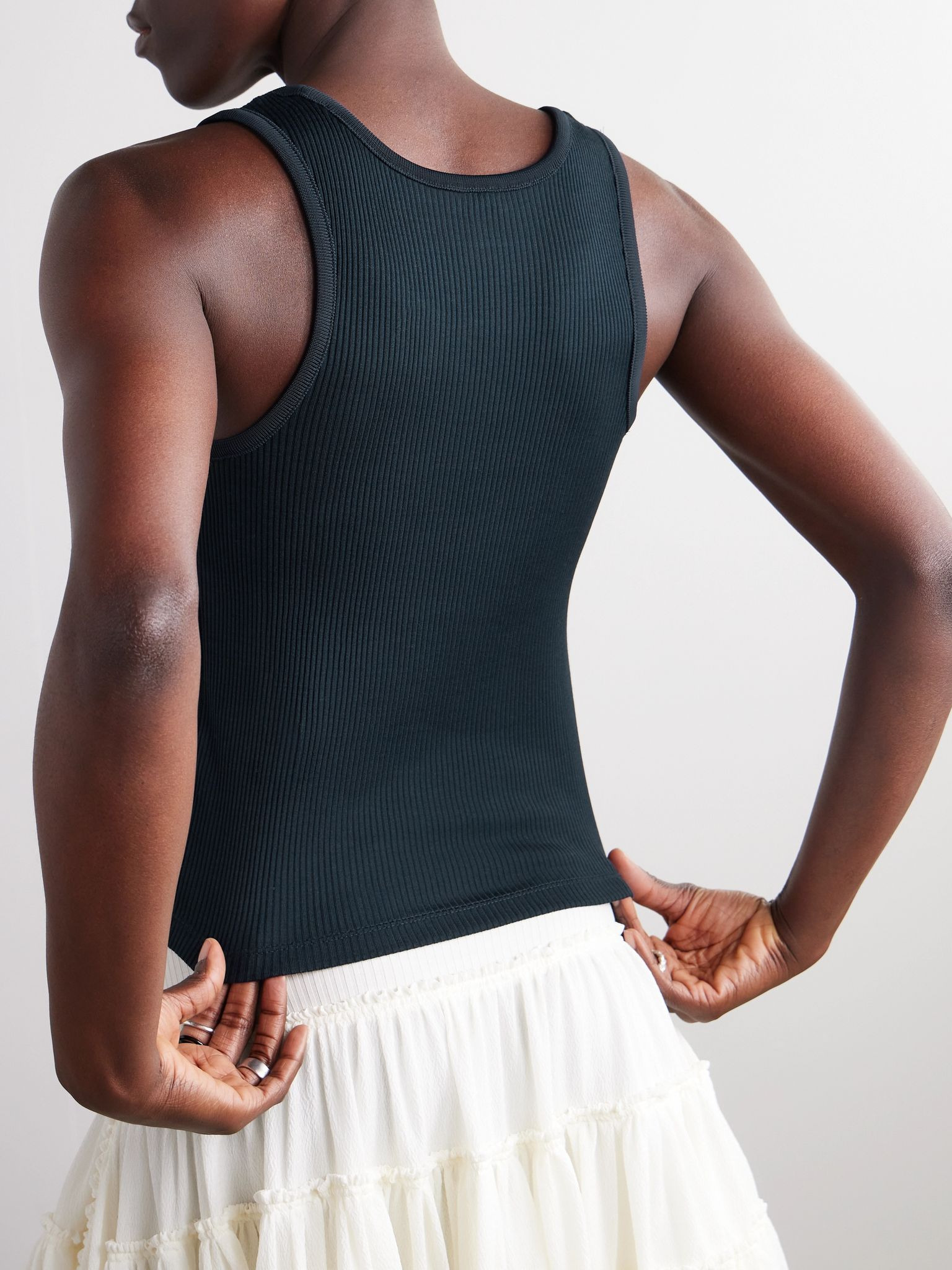 Embroidered ribbed silk tank Navy - 4