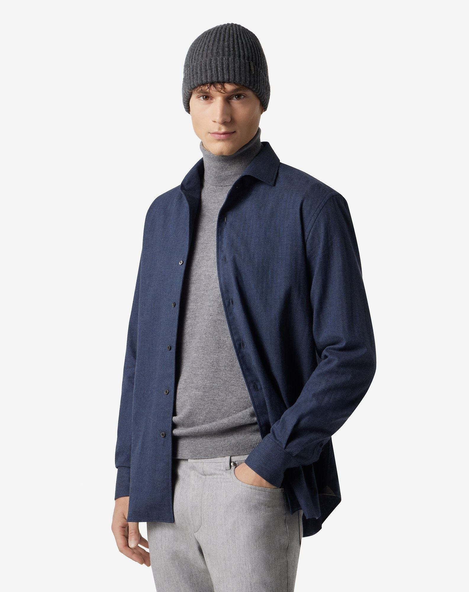 Blue cotton flannel shirt with herringbone pattern - 2