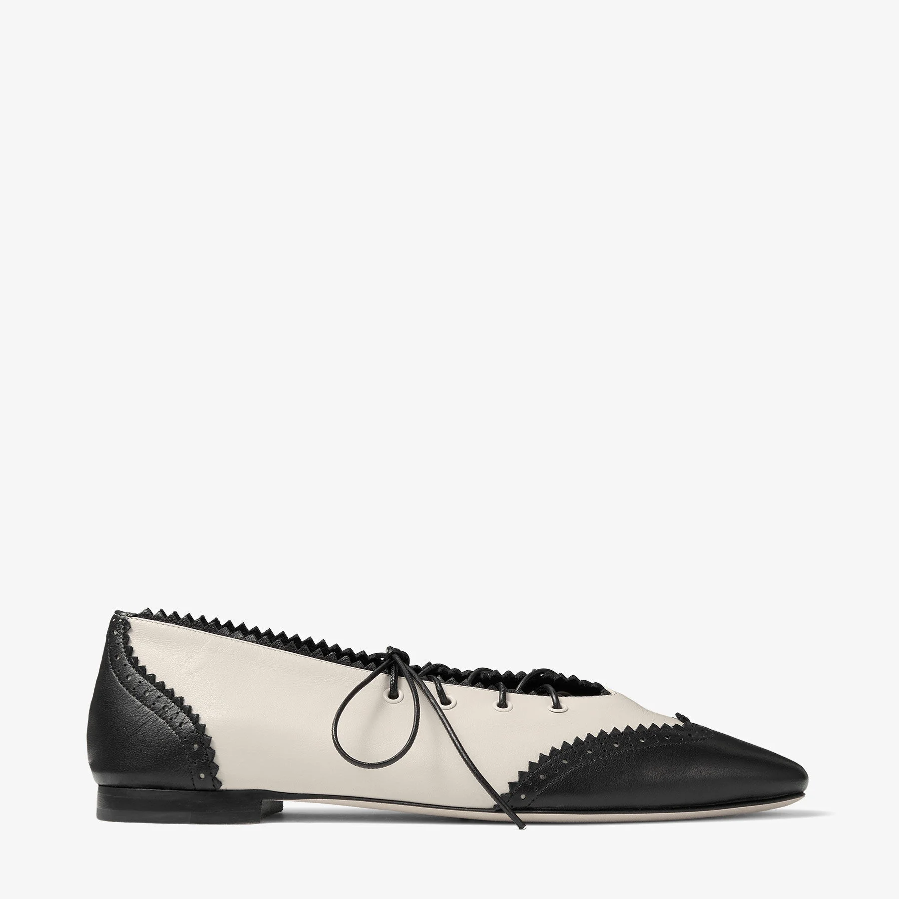 Margot Lace Up Flat Black and Bone Nappa Leather Lace Up Flats with Broguing - 1