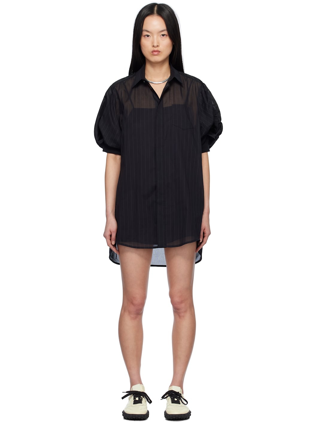 Black High Twist Voile & Nylon Twill Minidress - 1