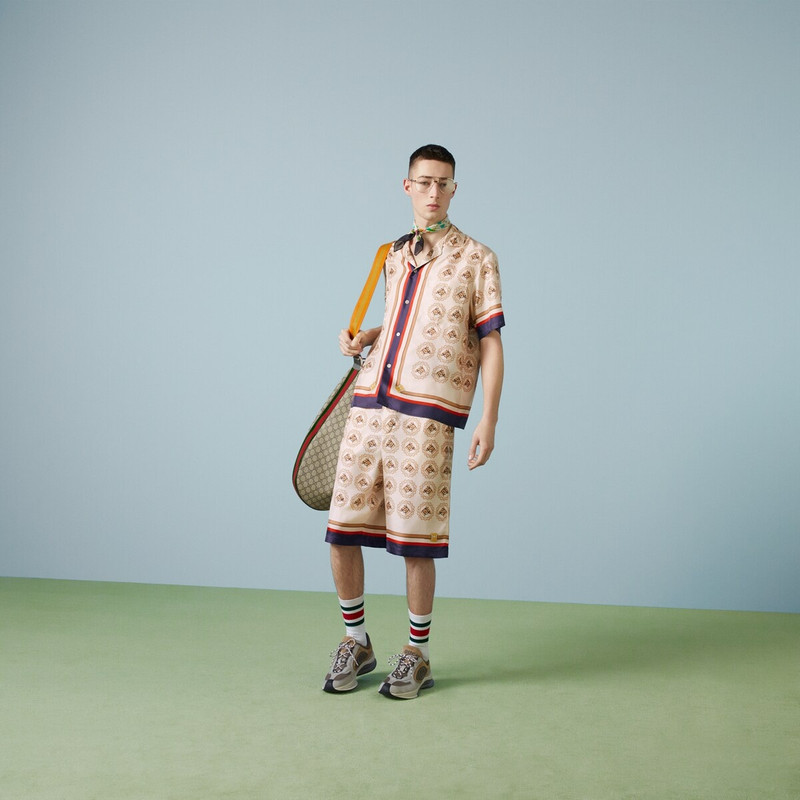 GUCCI Equestrian print silk twill shorts outlook