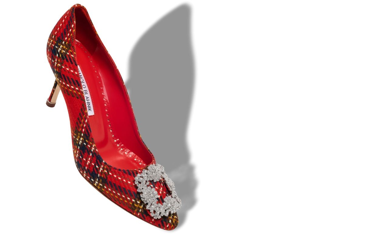 Red Wool Tartan Jewel Buckle Pumps - 2