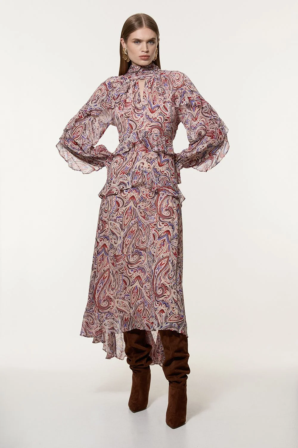 Viscose Crinkle Paisley Frill Detail Maxi Dress - 1
