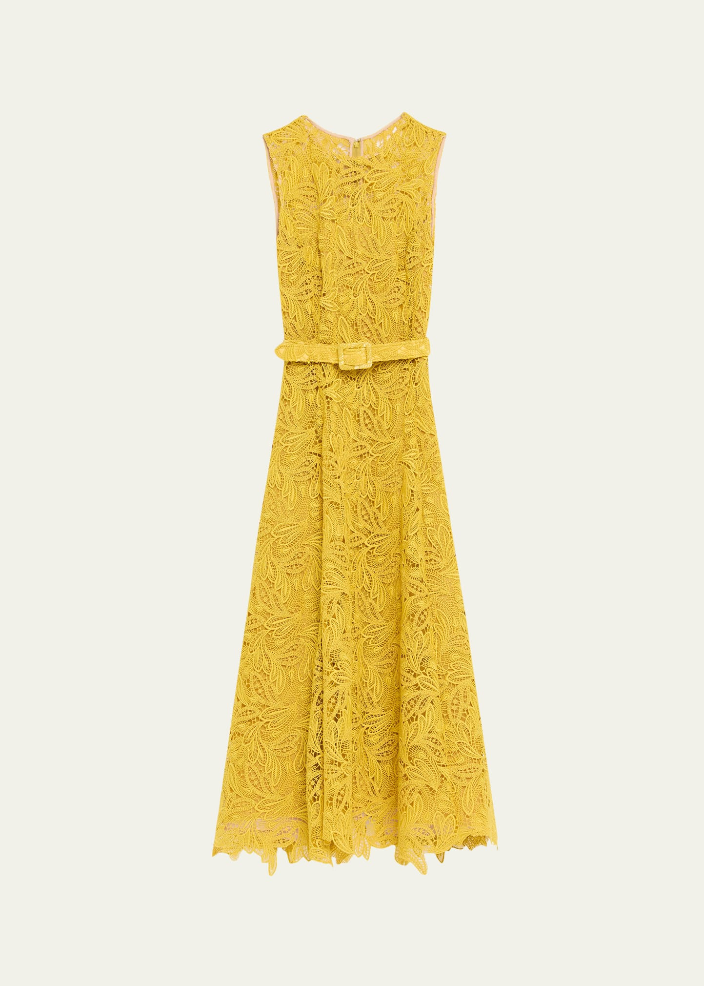 Sleeveless Feather Scroll Guipure Midi Day Dress With Belt - 1