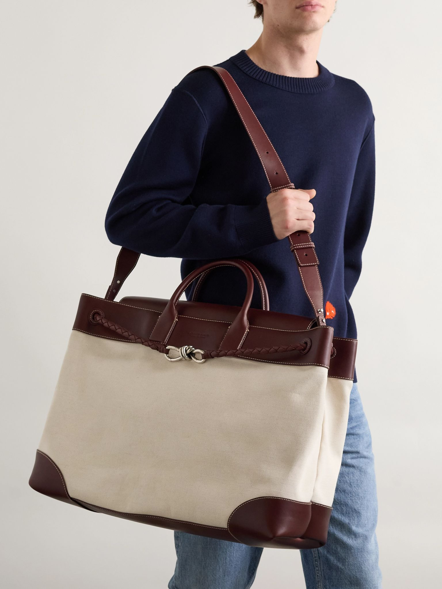 Andiamo Maxi Intrecciato Leather-Trimmed Canvas Tote Bag Neutral - 2