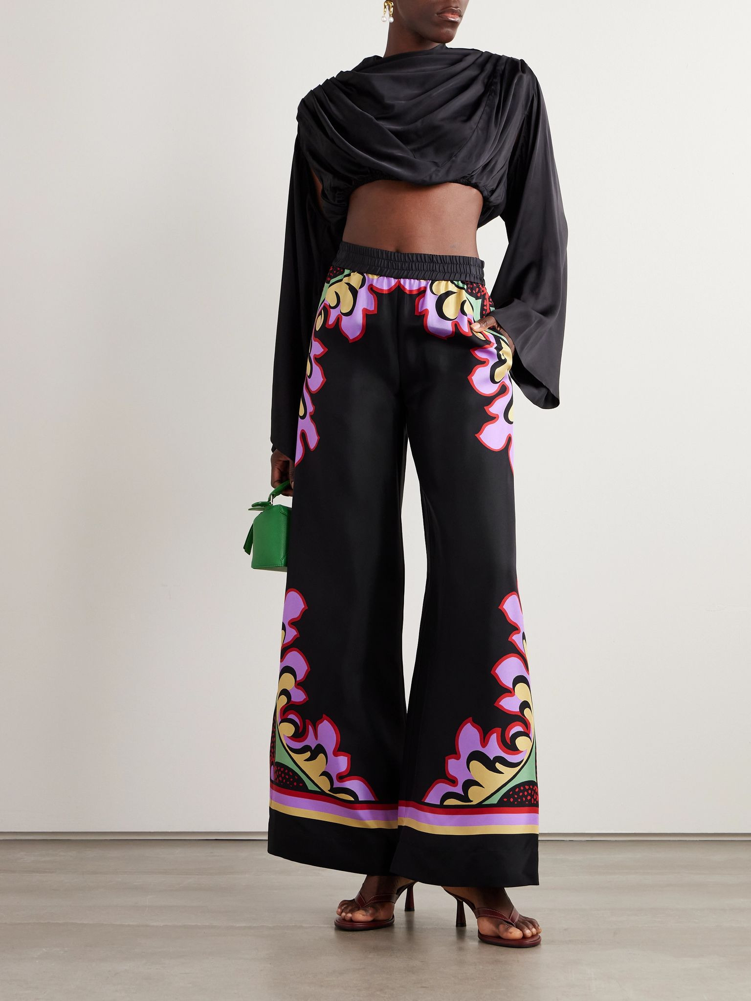 Icon Palazzo printed silk-twill wide-leg pants Black - 2