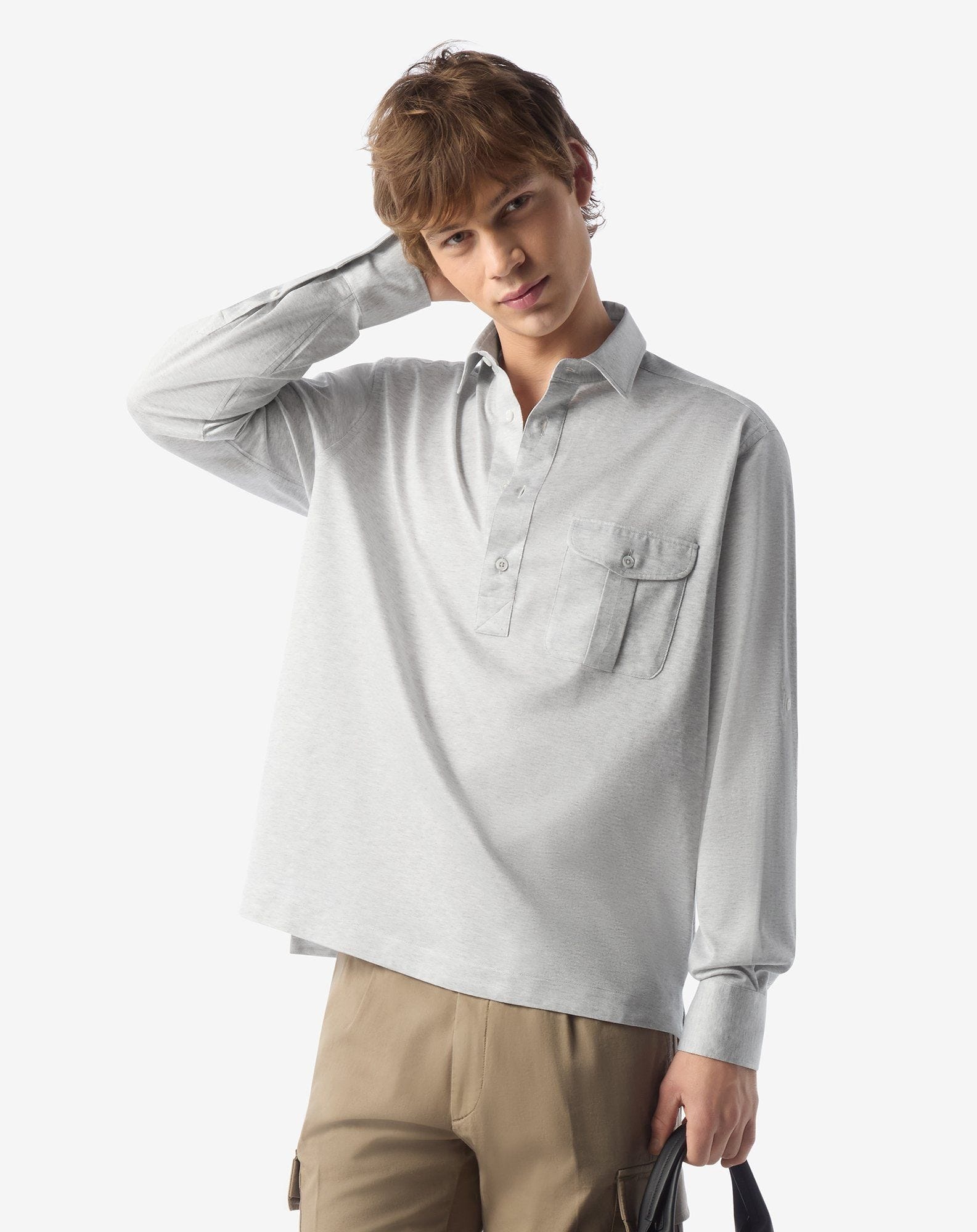 Melange grey cotton and silk jersey shirt with micro pique - 2