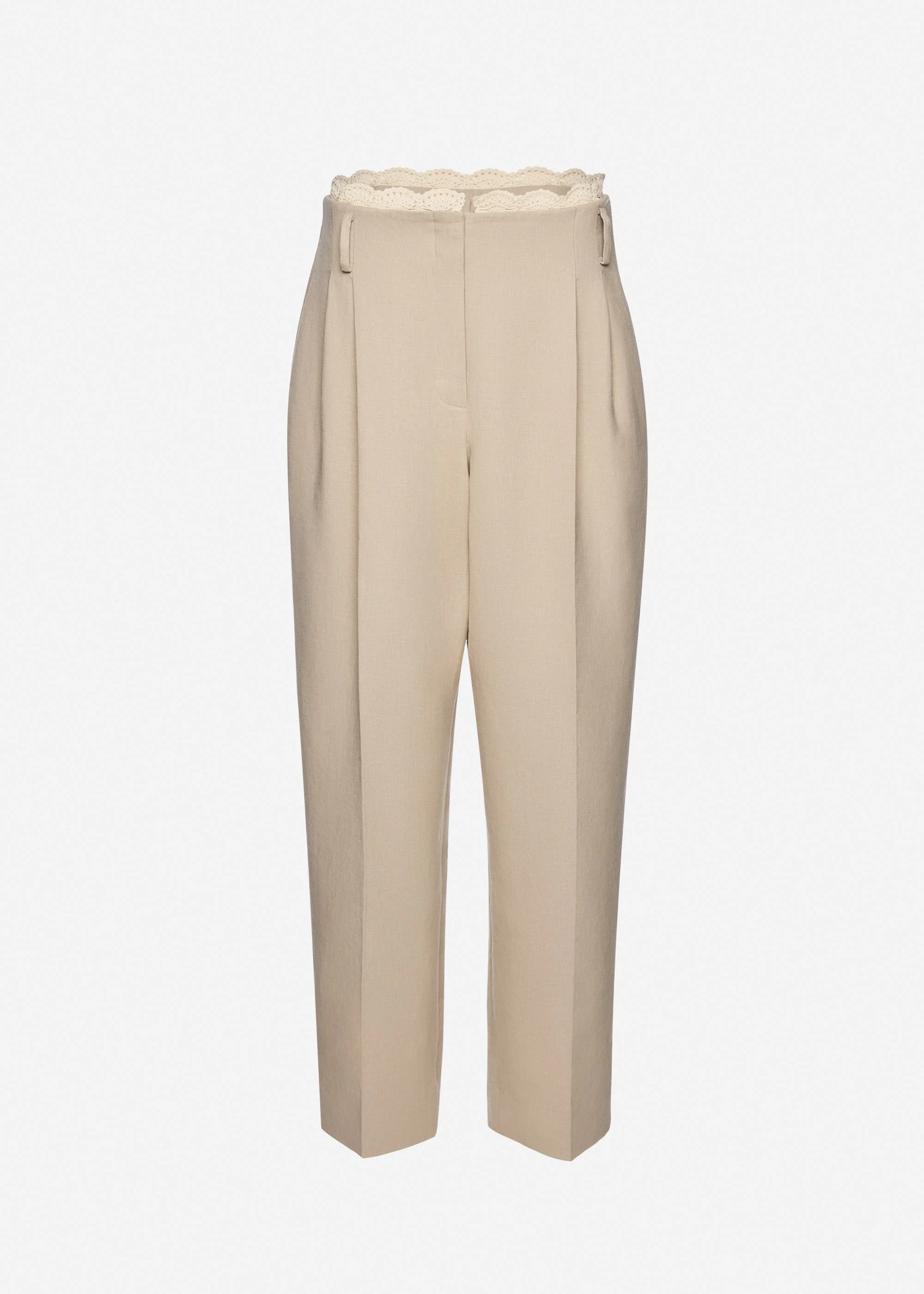 Lace-detail linen tapered trousers in beige - 1