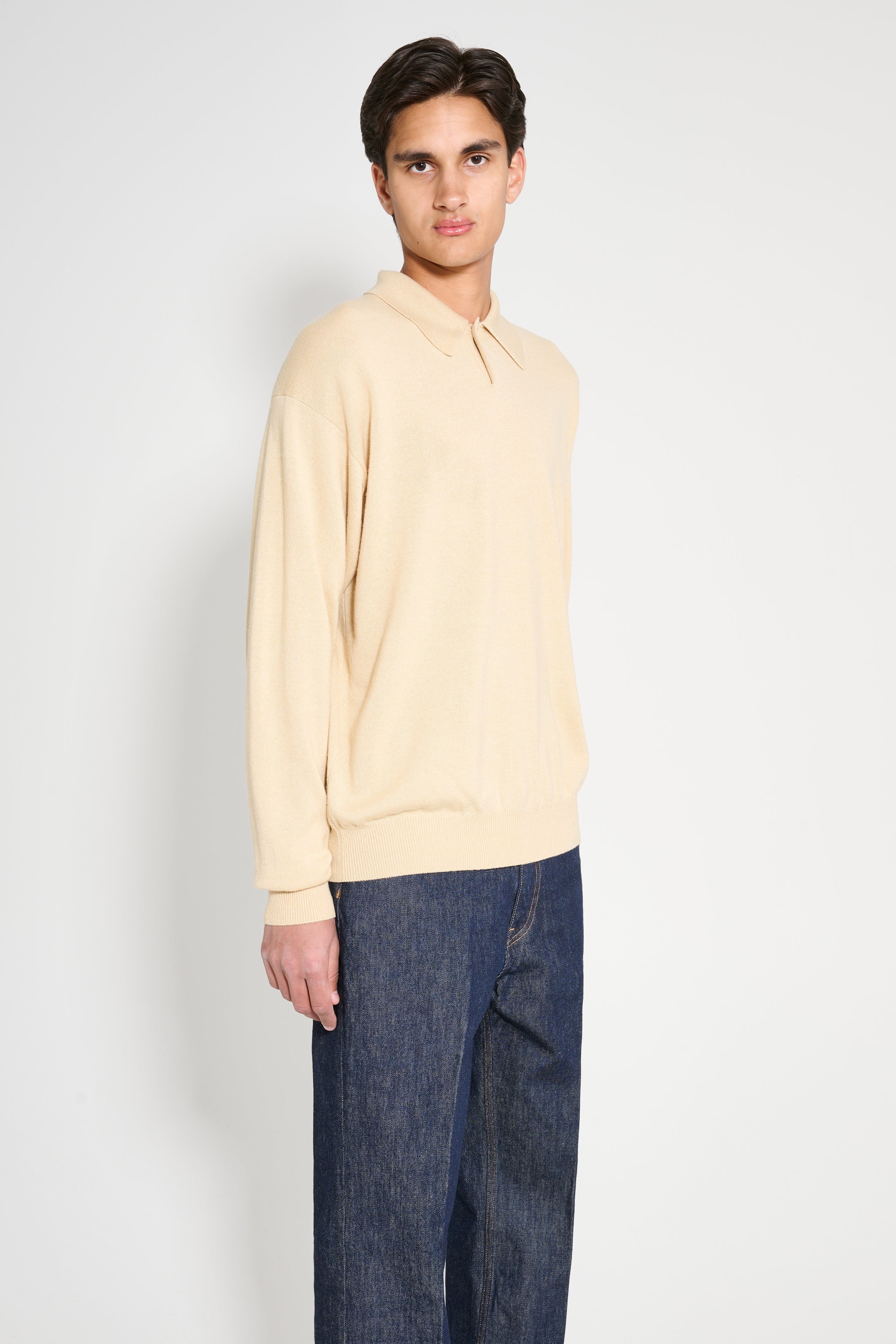 AURALEE CASHMERE SILK WOOL KNIT POLO LIGHT BEIGE - 3