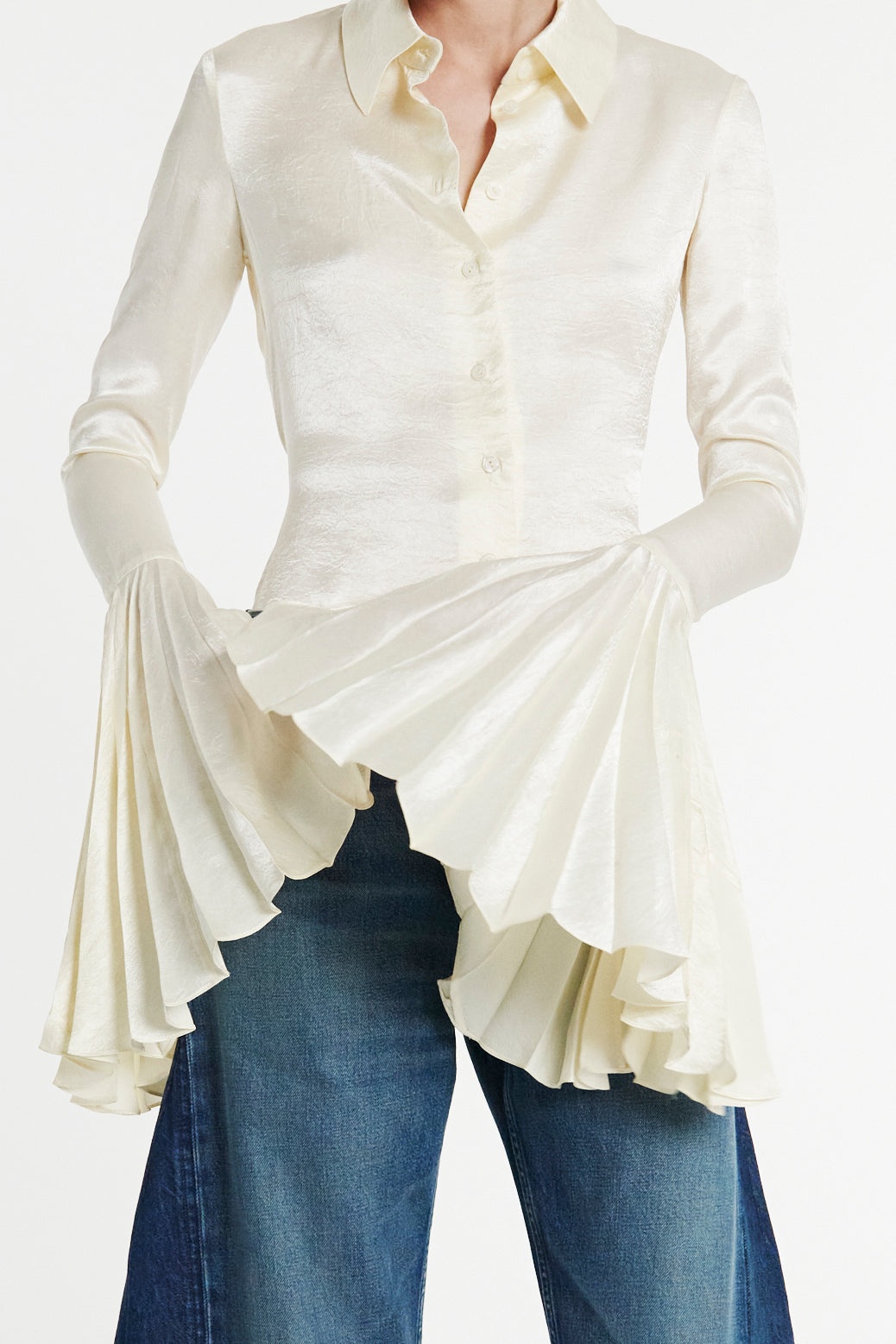SATIN SHIRT WITH PLEATED BELL SLEEVES IVORY - 3