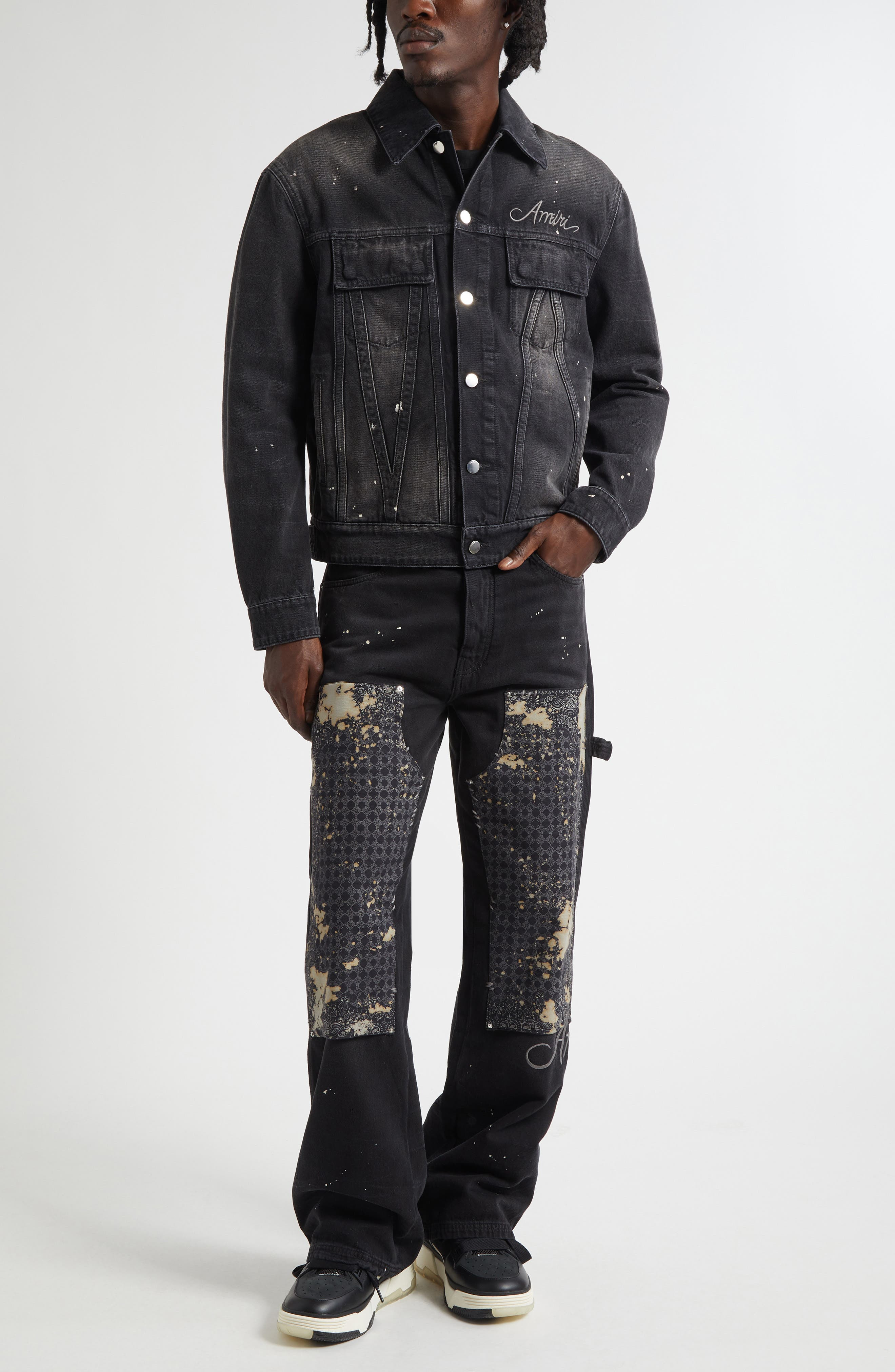 AMIRI Bleach Bandana Denim Trucker Jacket in Faded Black at Nordstrom - 2