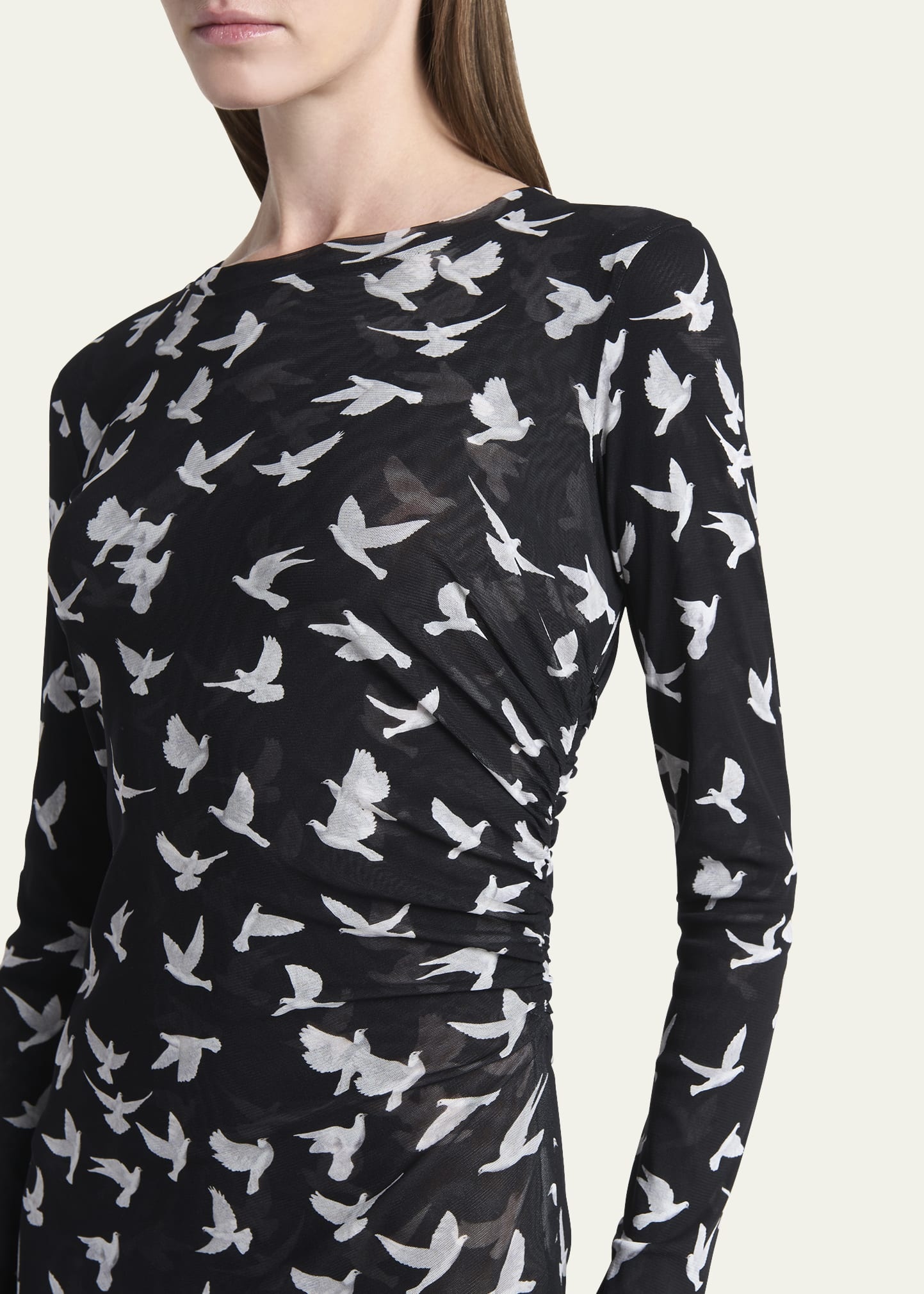Long Mesh Bird Print Dress - 5