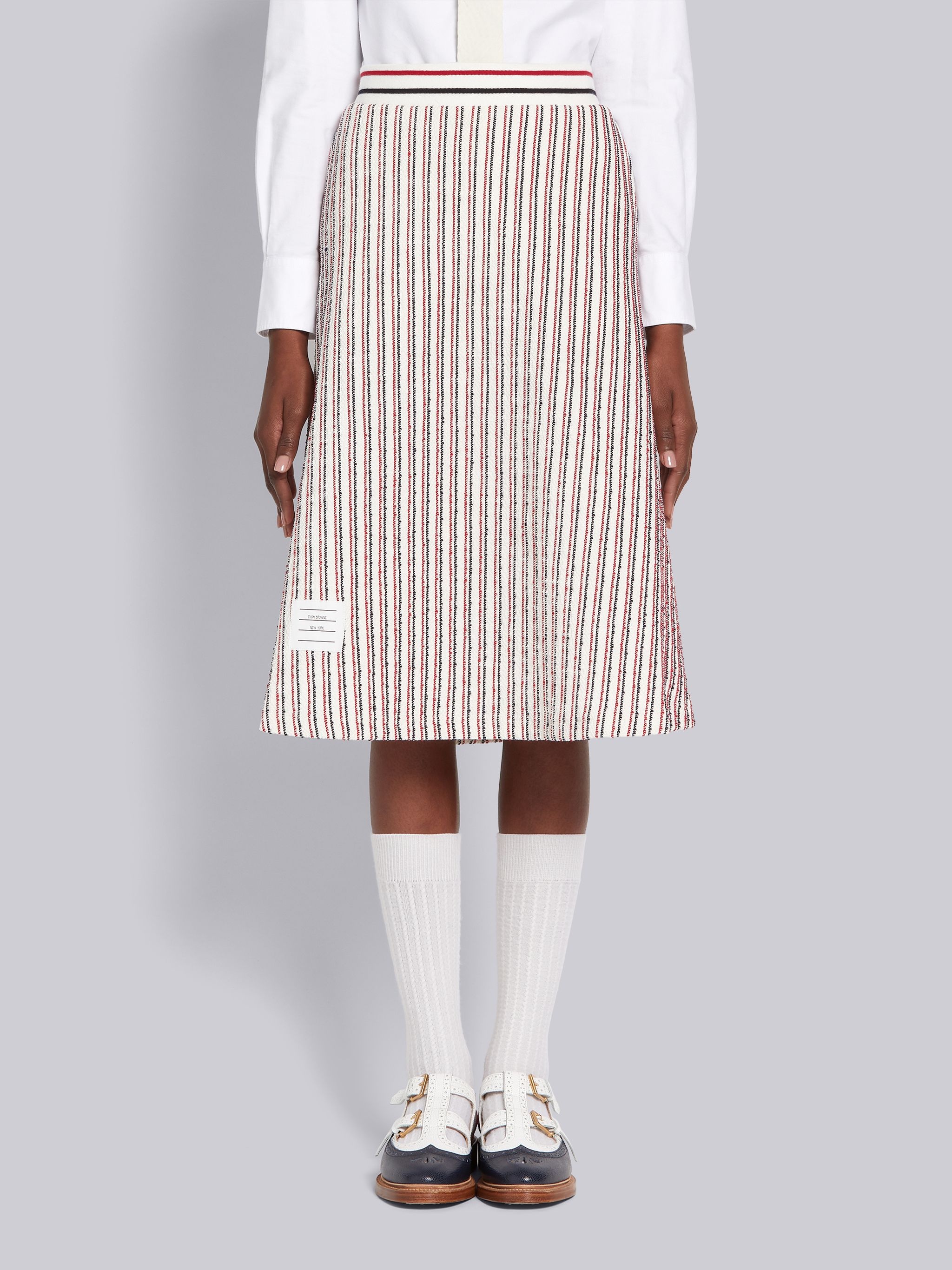Multicolor Textured Cotton Tweed Multicolor Stripe Flared Skirt - 1
