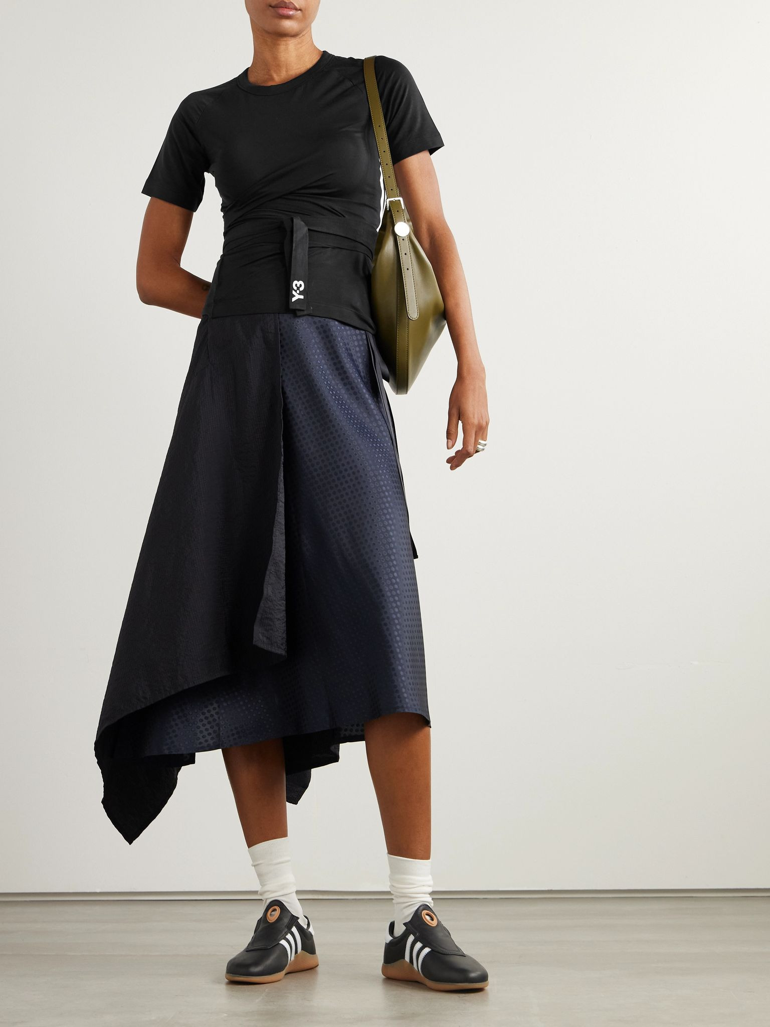 +Y-3 Tie-detailed striped Lyocell-blend jersey T-shirt Black - 2