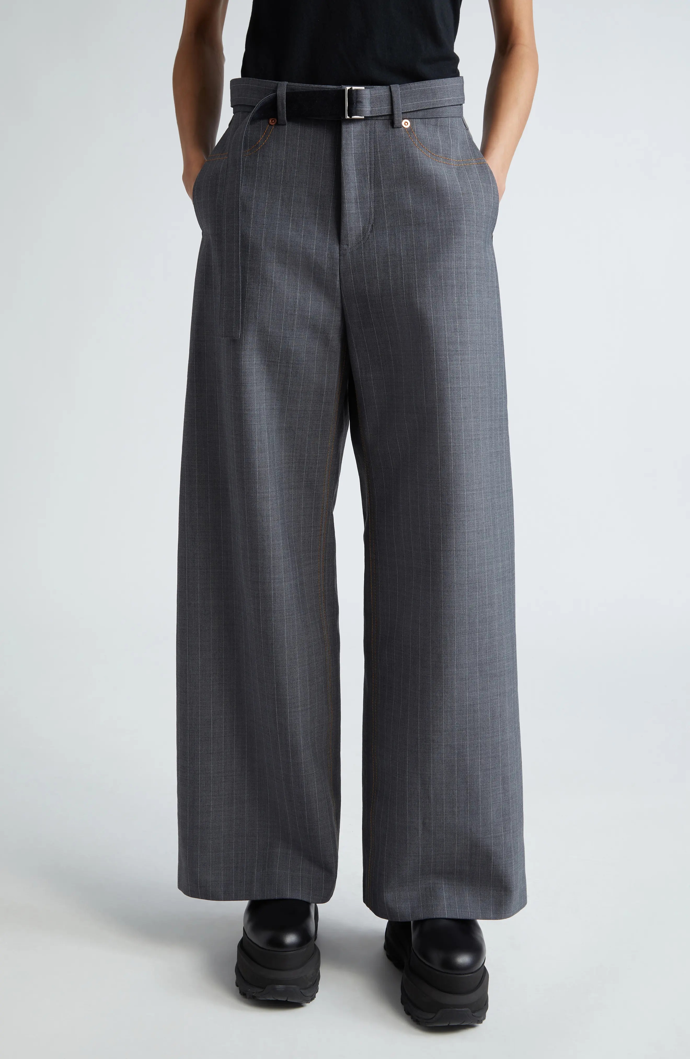 Pinstripe Belted Trousers - 1