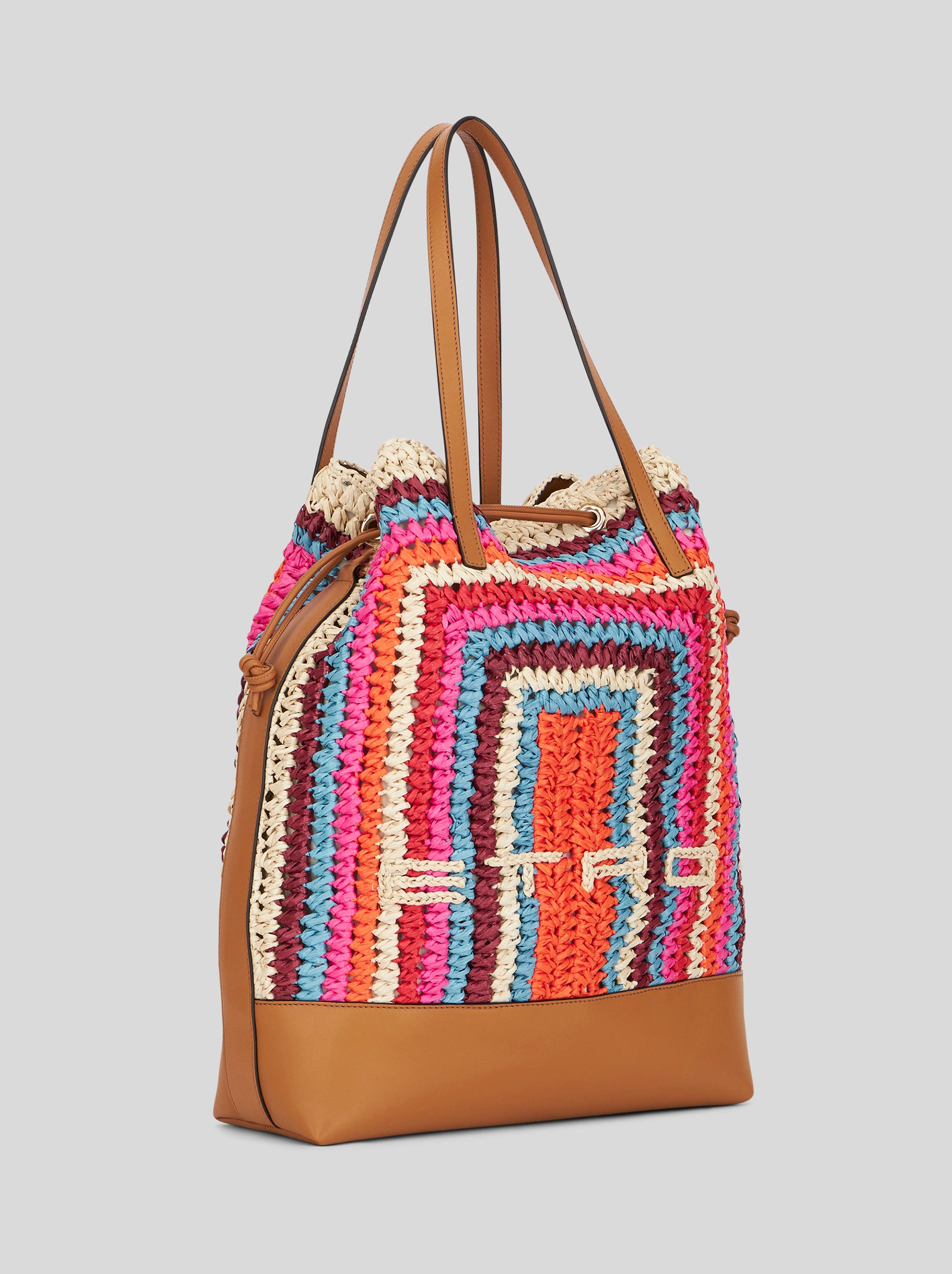 LARGE MULTI-COLOURED STRIPED RAFFIA BUCKET BAG - 5