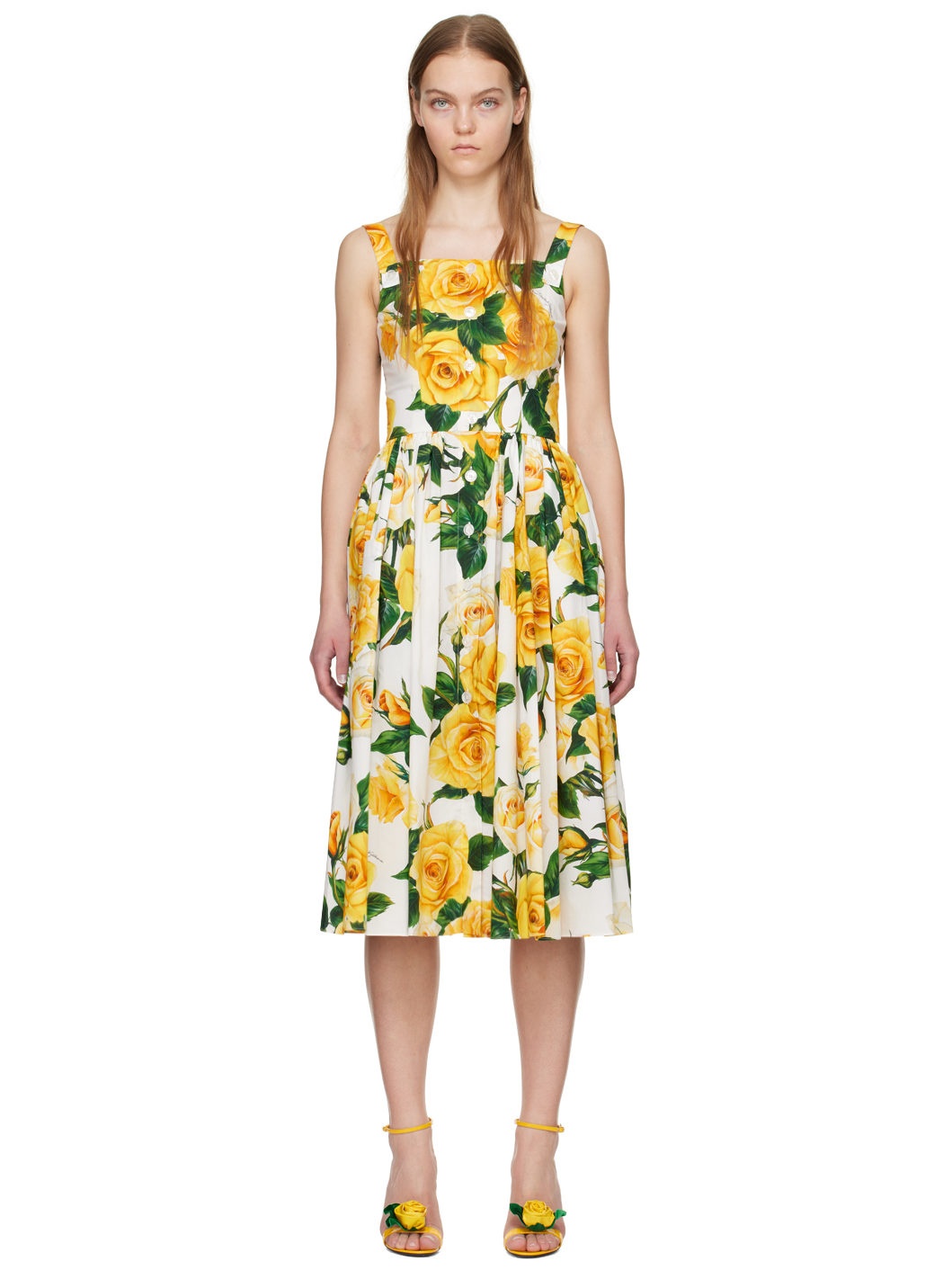 White & Yellow Floral Midi Dress - 1