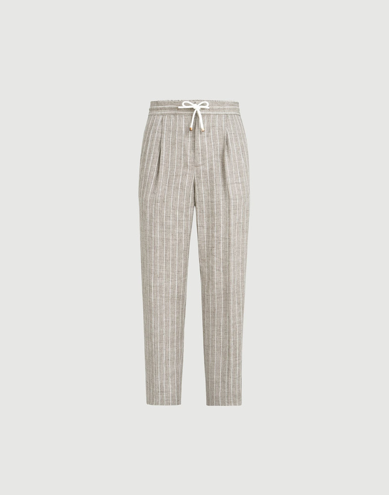 Chalk stripe linen twill trousers with drawstring and double pleats 1