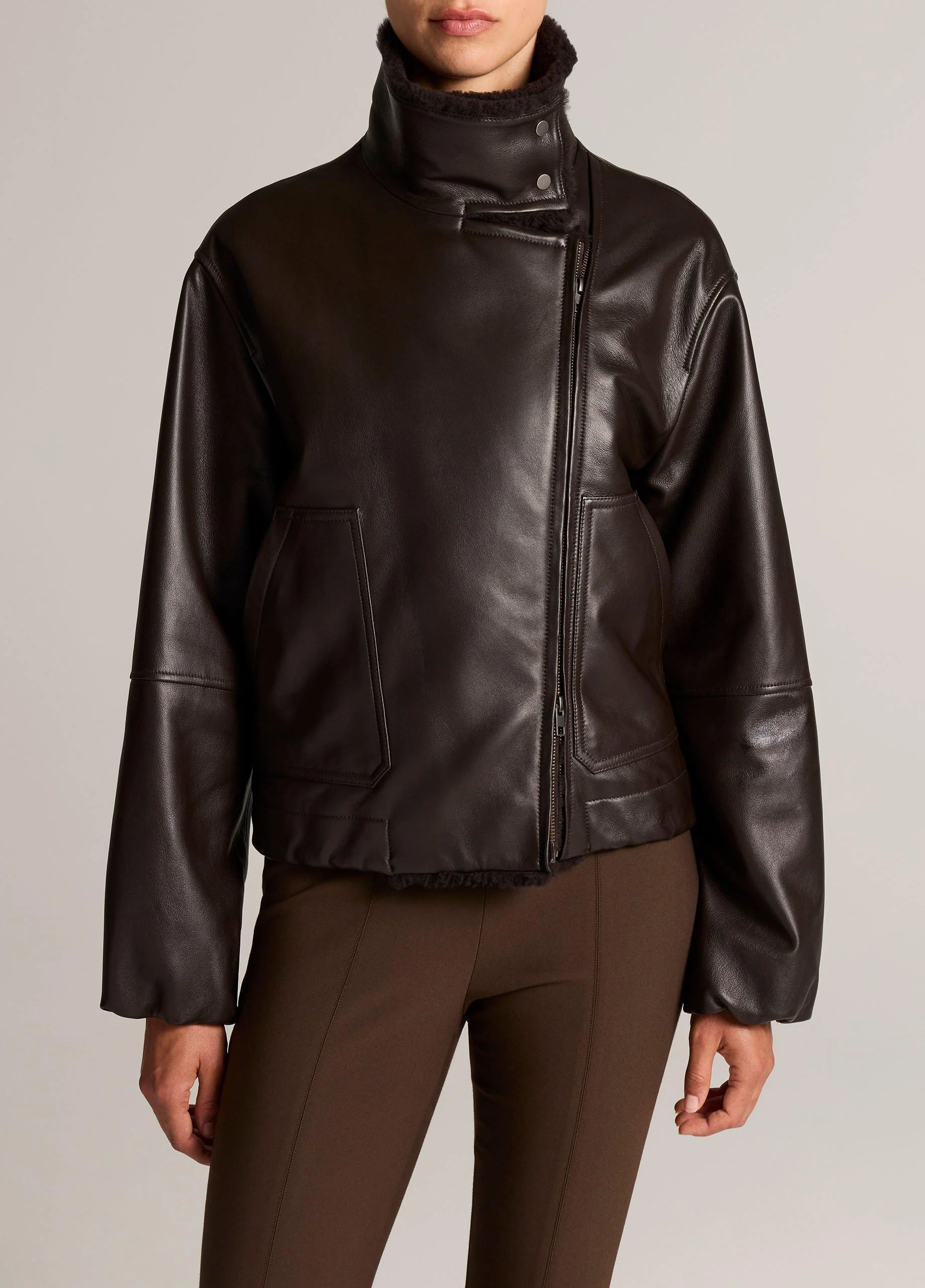 Shearling-Trim Leather Jacket - 1
