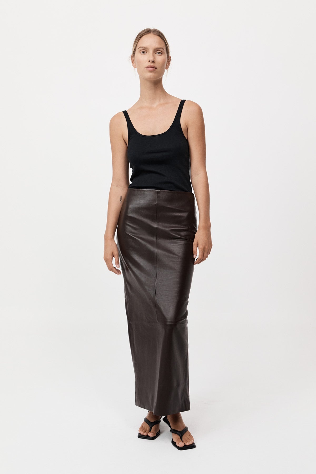 Leather Column Skirt - Chocolate - 3