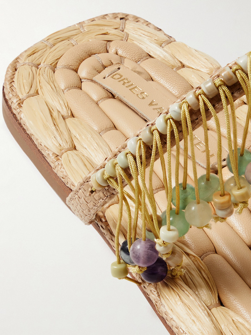 Fringed Bead-embellished Raffia Sandals 4