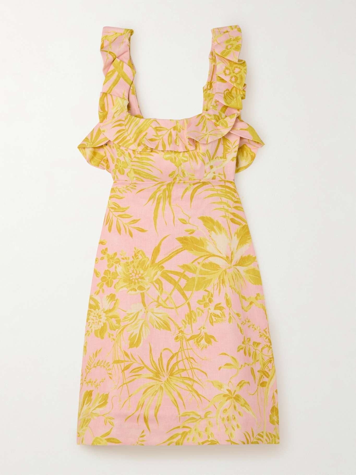 Golden bow-detailed open-back ruffled floral-print linen mini dress - 1