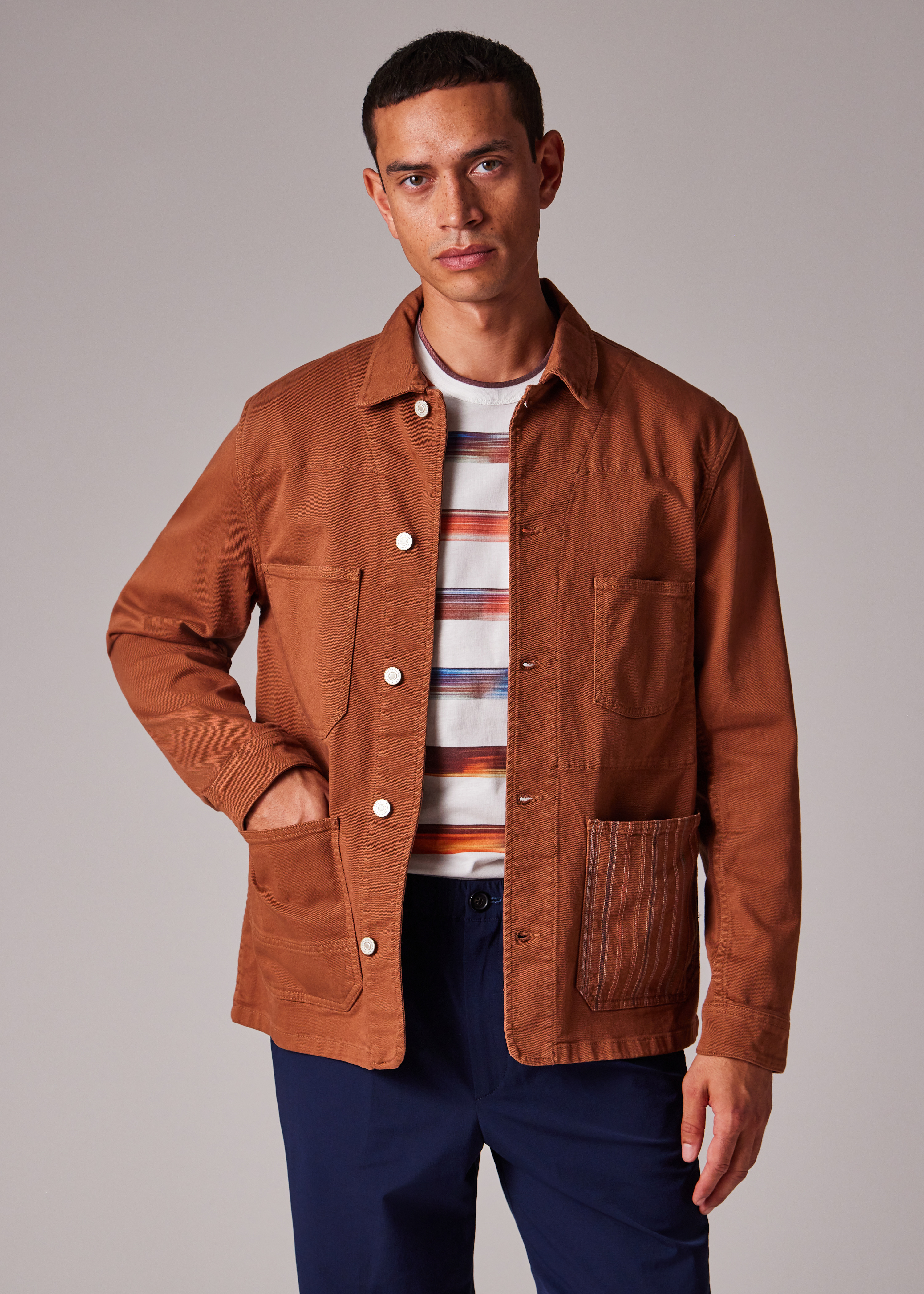 Rust Stretch Cotton-Twill Embroidered Stripe Chore Jacket - 9