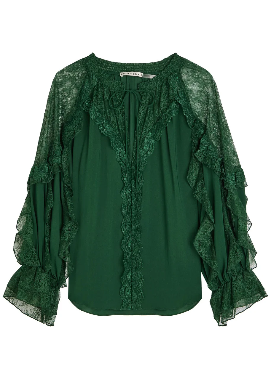 Alice + Olivia Aleena Ruffled Lace Chiffon Blouse - 1