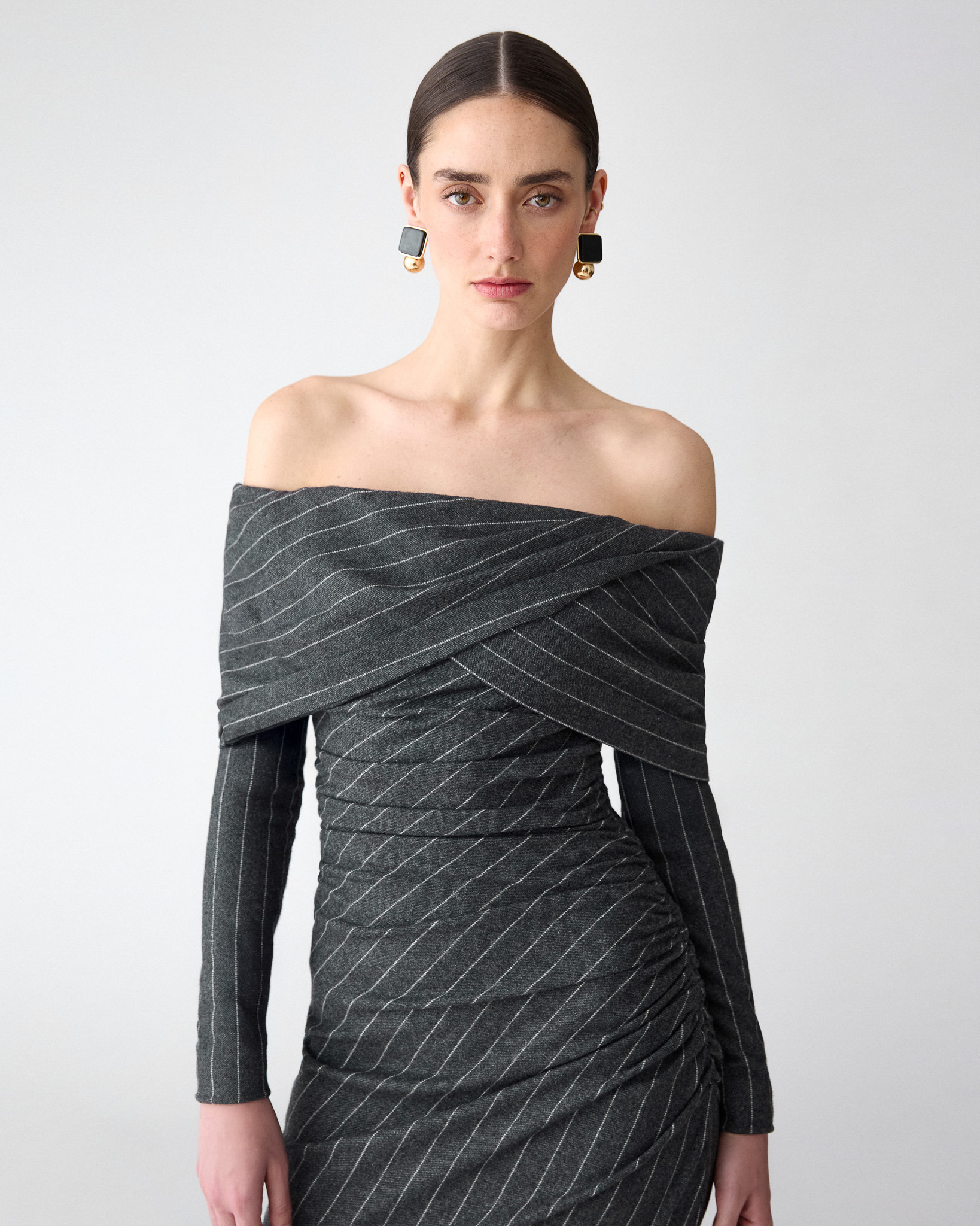 Off-Shoulder Pinstripe Midi Dress - 4