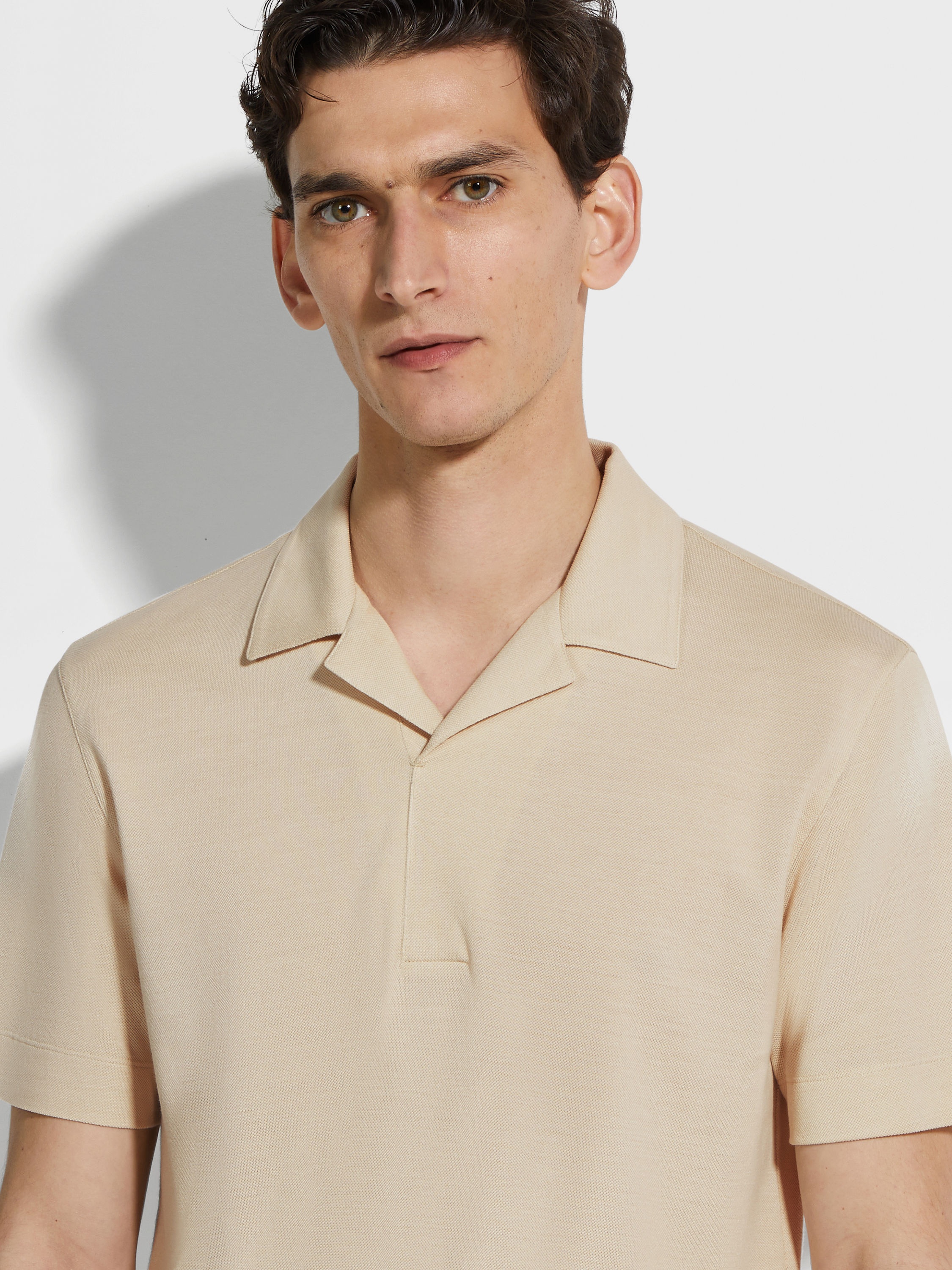 LIGHT BEIGE SILK AND COTTON PIQUET POLO SHIRT - 2