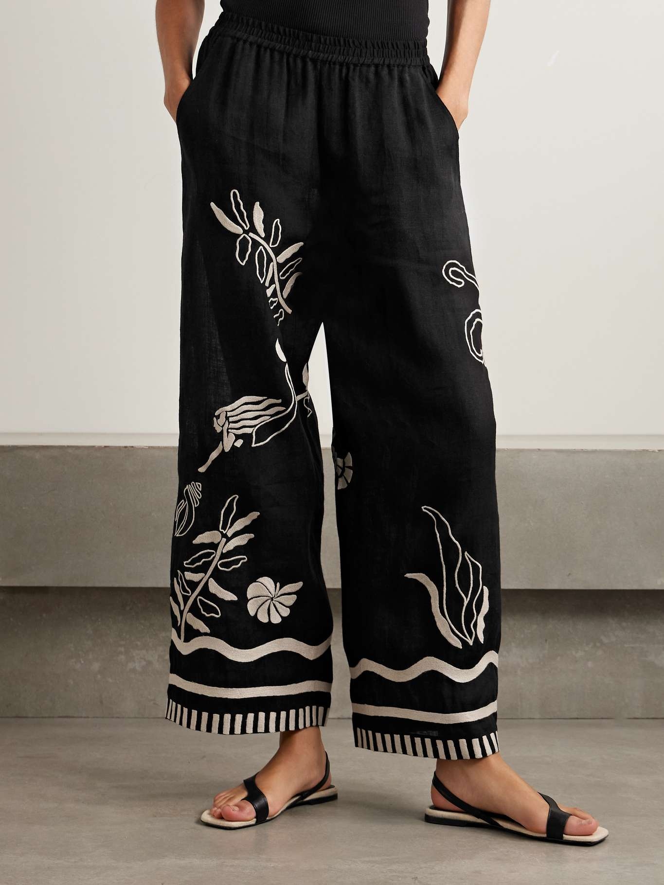 Mermaid Octopus embroidered linen wide-leg pants Black - 3