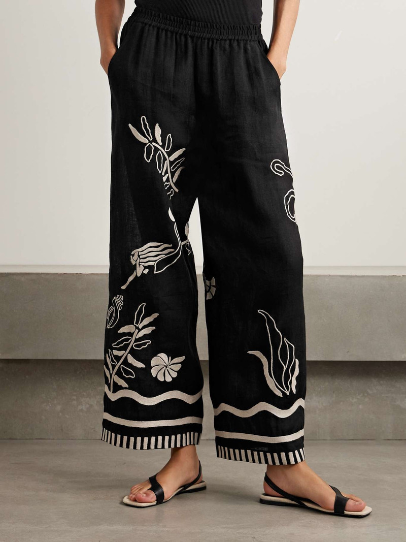 Mermaid Octopus embroidered linen wide-leg pants Black 3
