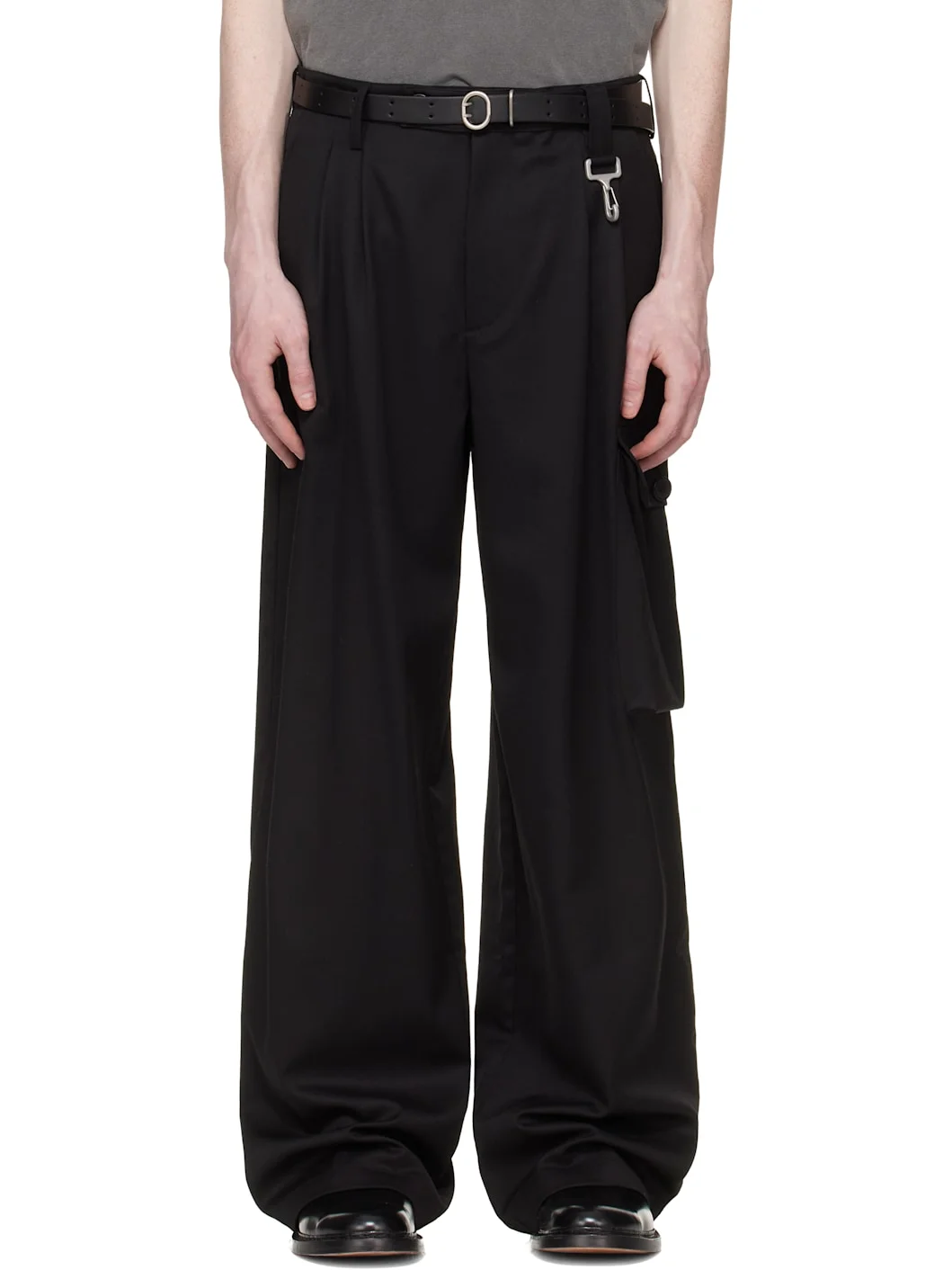 Black Wool Pleated Cargo Pants - 1