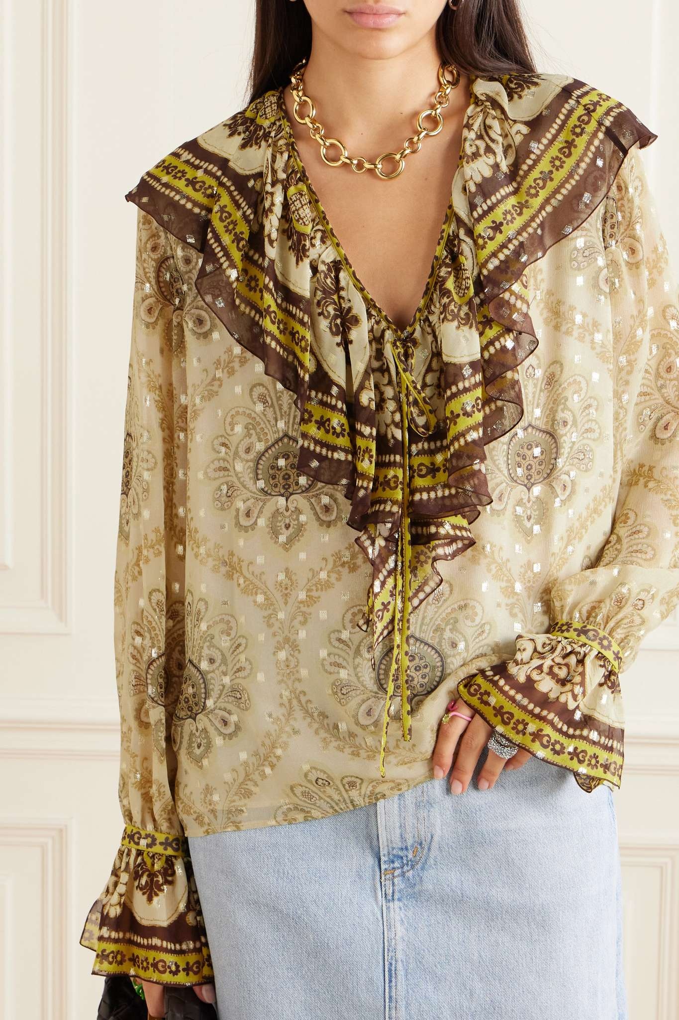 Paisley-print metallic fil coupé silk-blend blouse - 3