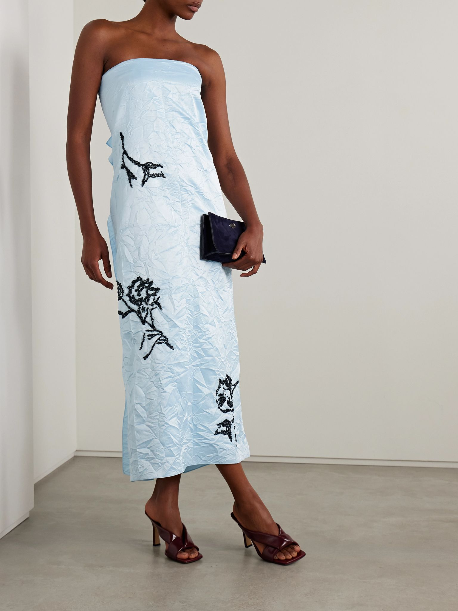 Strapless embellished crinkled-satin midi dress Light blue - 2