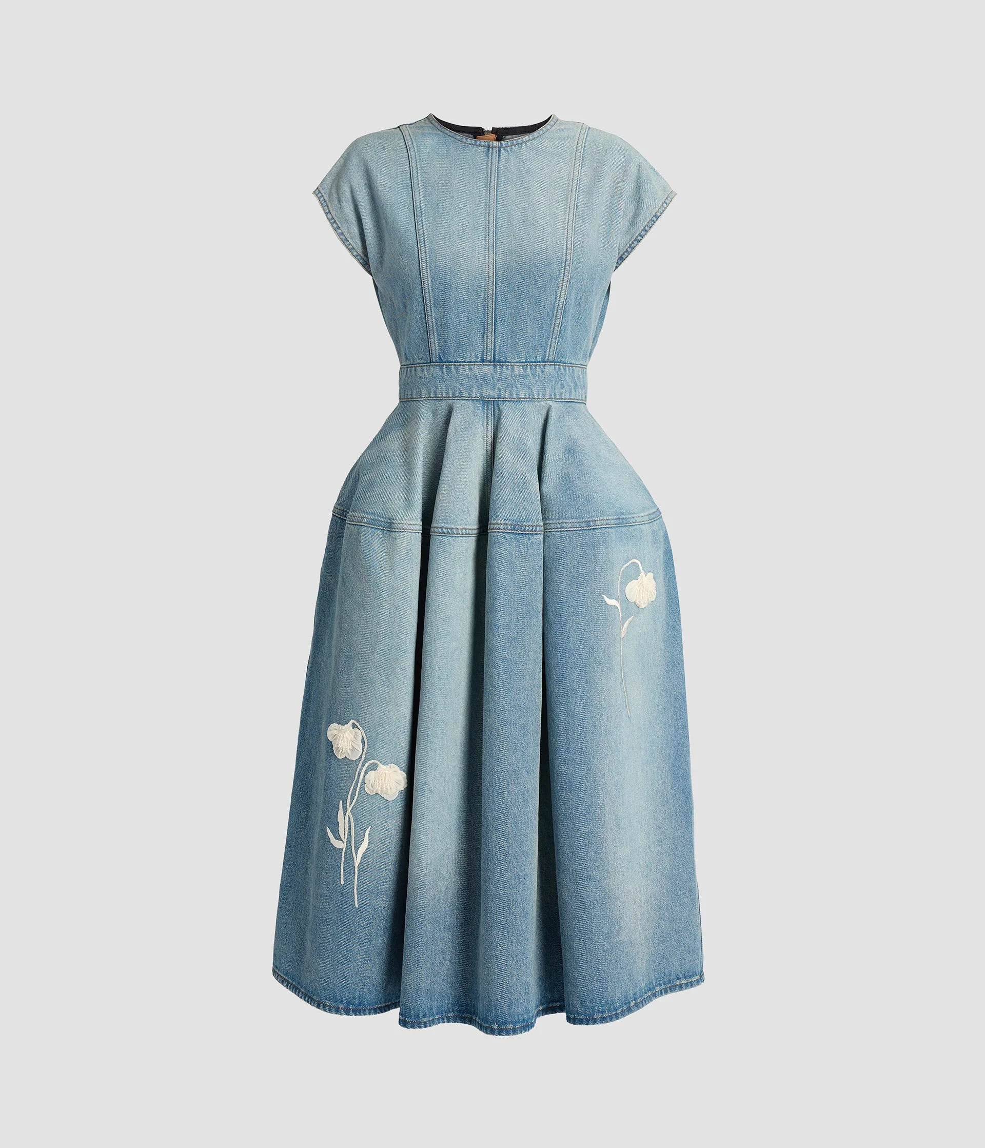 EMBROIDERED DENIM SHORT SLEEVE MIDI DRESS - 1
