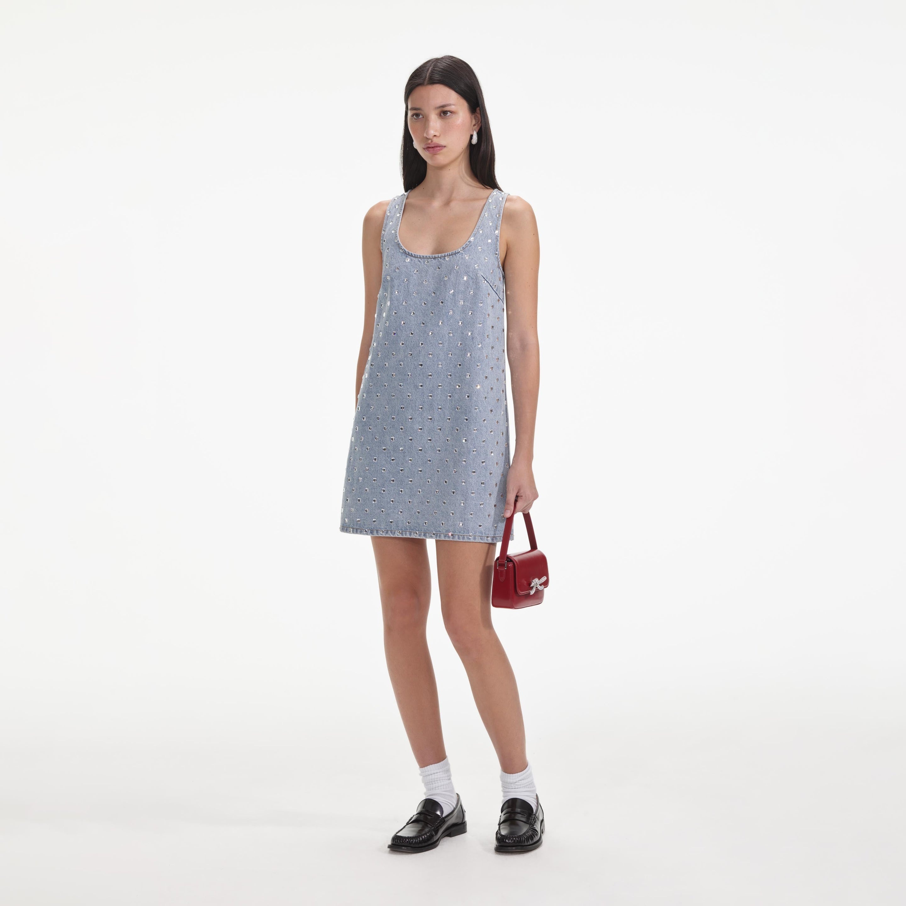 Square Rhinestone Denim Mini Dress - 2