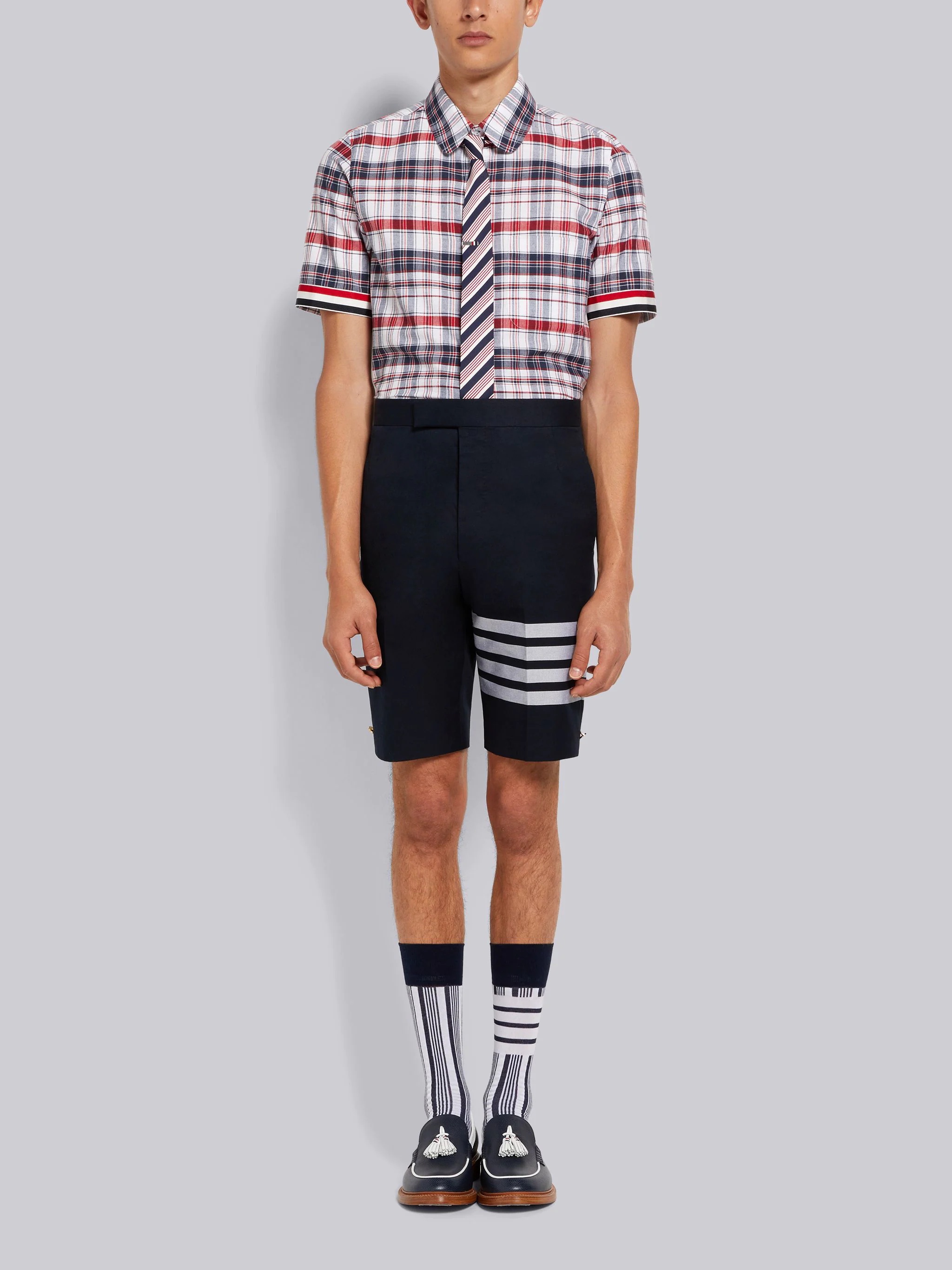 Multicolor Stripe Plaid Stripe Cuff Straight Fit Round Collar Short Sleeve Shirt - 5