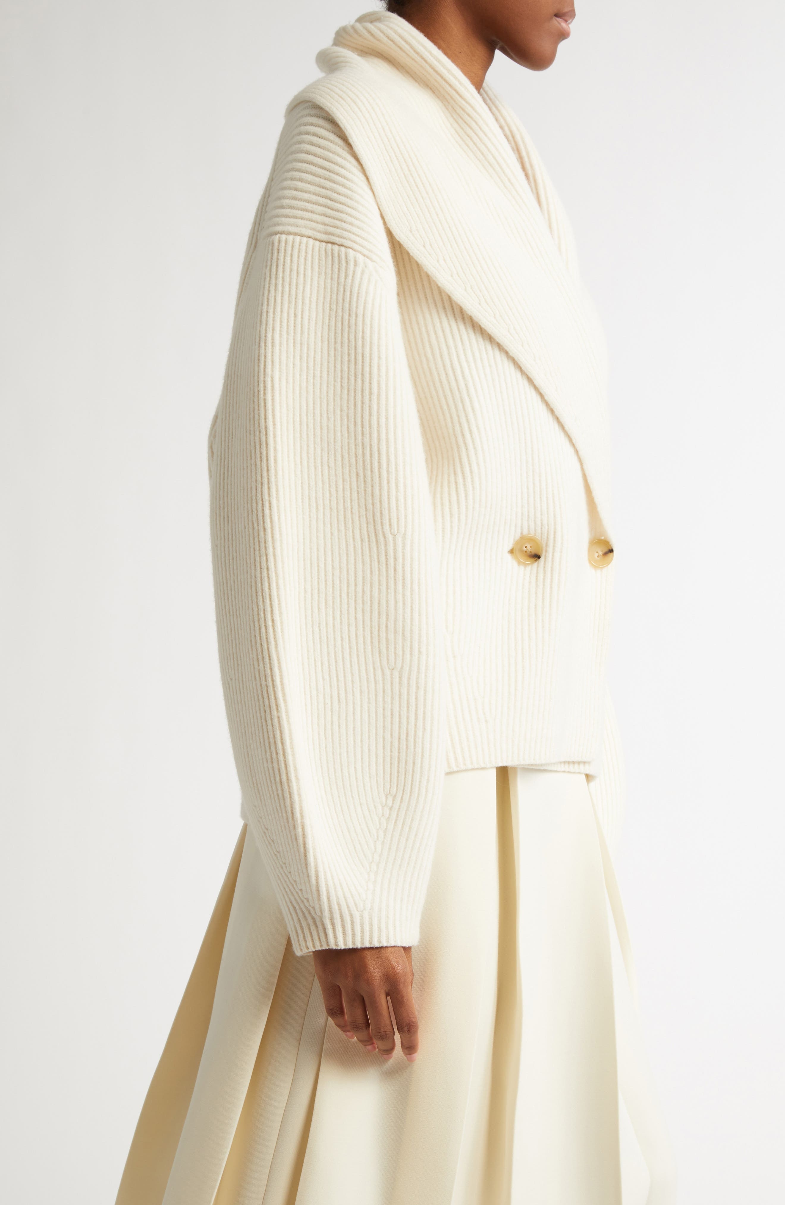 TOTEME Double Breasted Shawl Collar Wool Blend Rib Cardigan in Milk at Nordstrom - 4