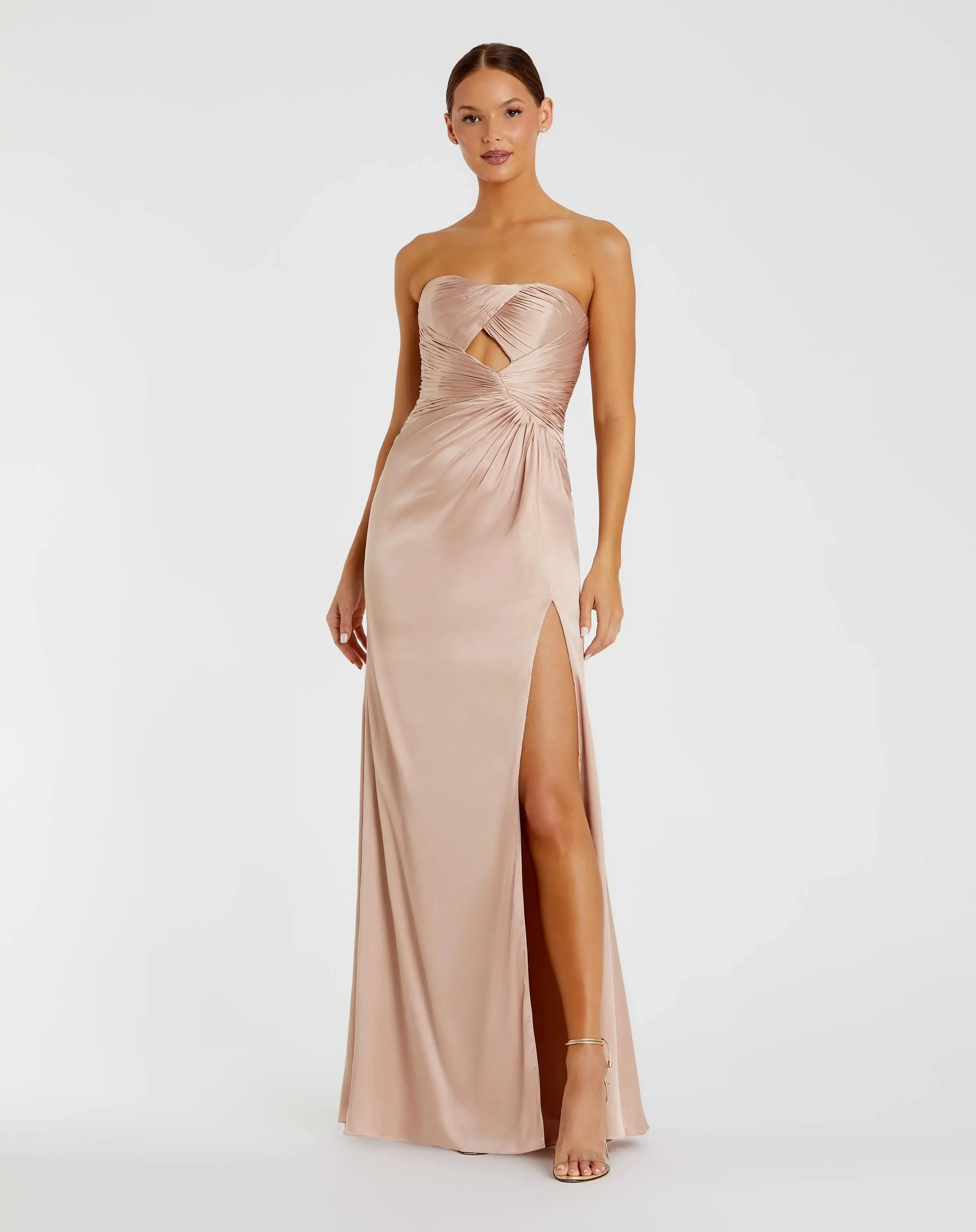 Pink Strapless Charmeuse Gown With Cutout Detail - 1