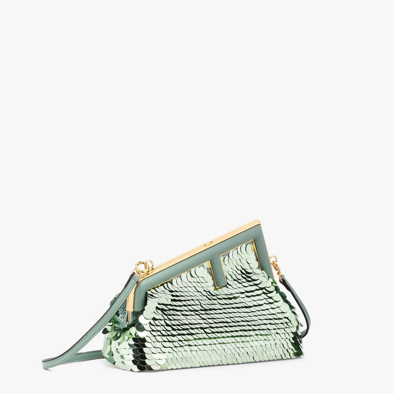 FENDI Small Fendi First bag completely embroidered with green metallic sequins, with an oversized F metal  outlook
