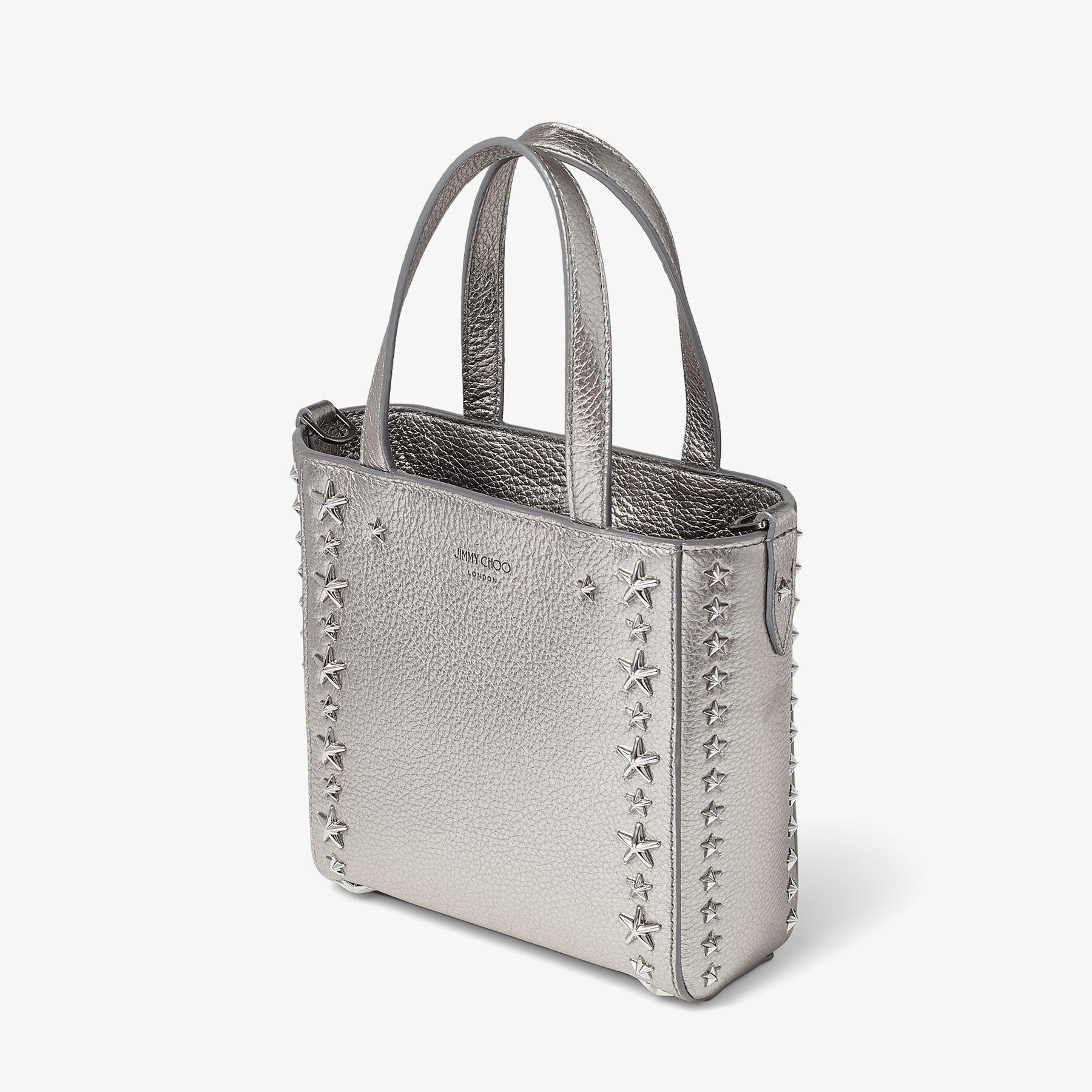 Mini Pegasi
Gunmetal Metallic Soft Grainy Calf Leather Mini Tote Bag with Stars - 4