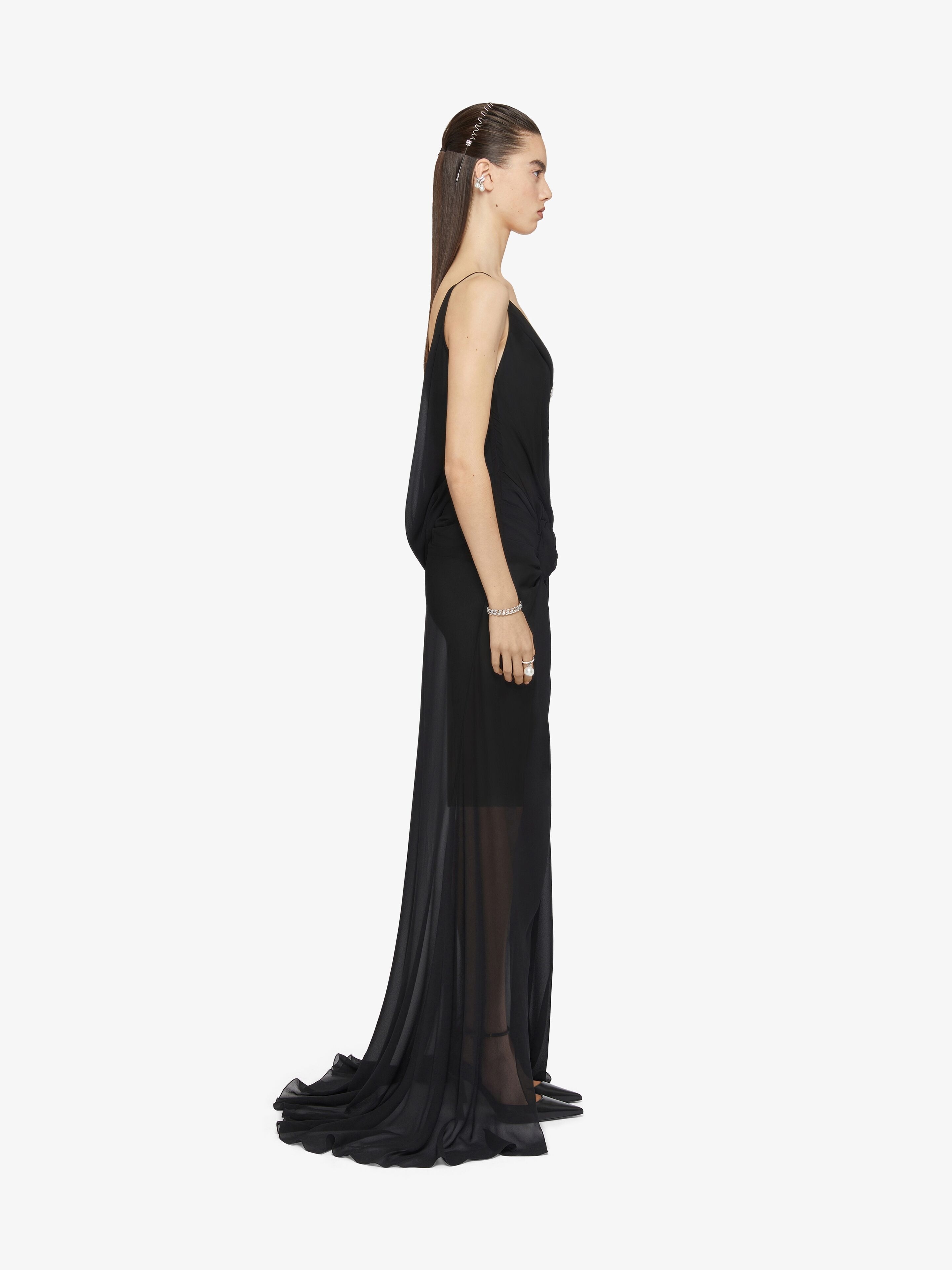 EVENING DRAPED DRESS IN SILK WITH PEARL CHAINS - 3