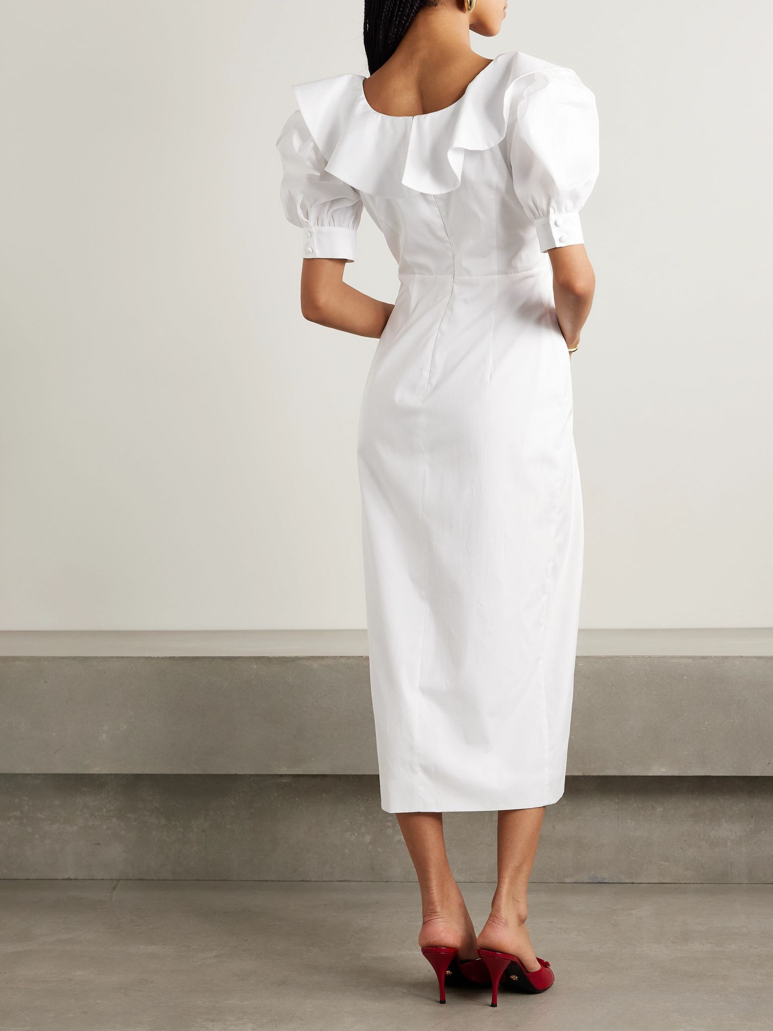 Velvet-trimmed ruffled cotton-poplin midi dress White - 3