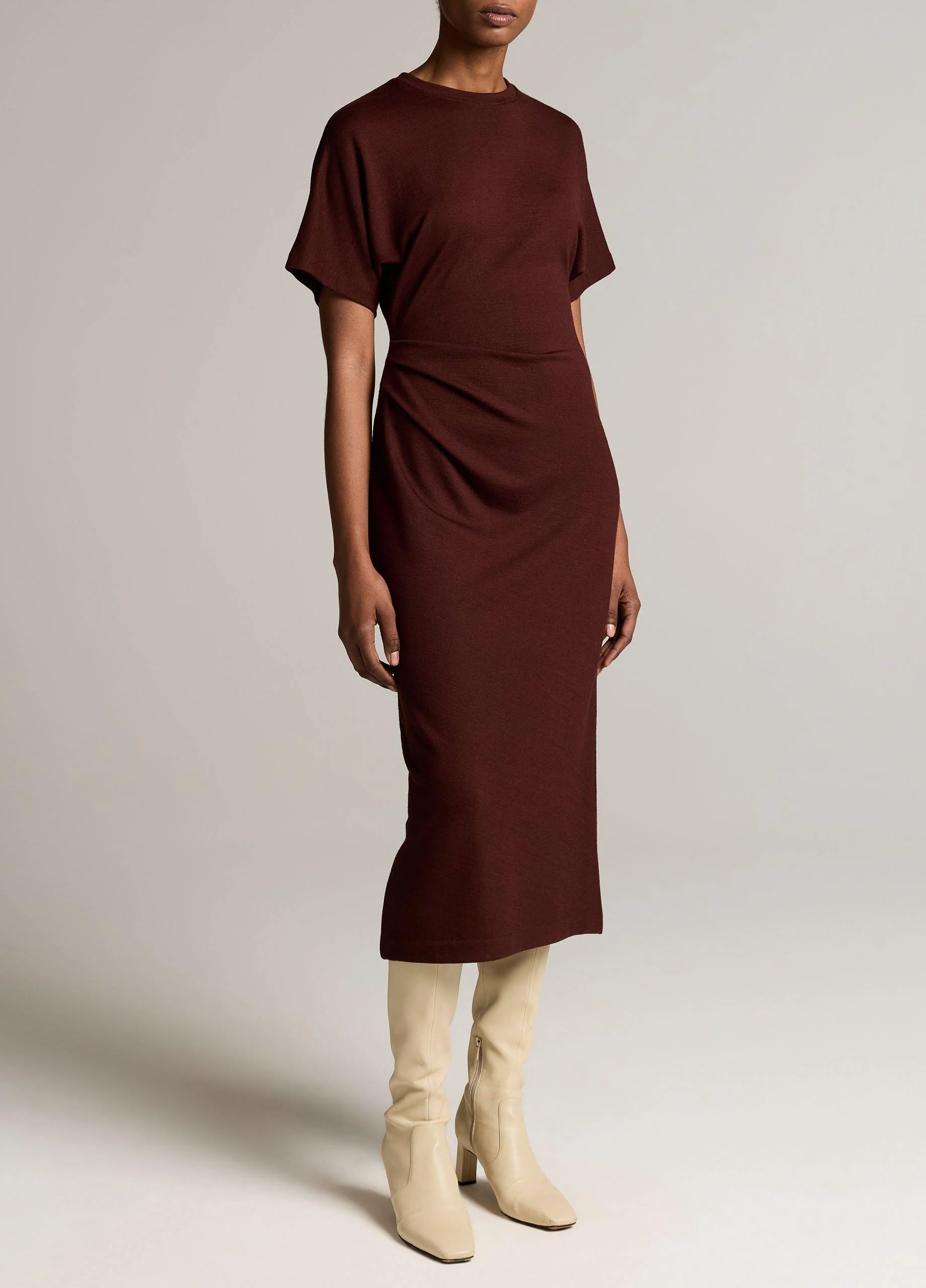 Ruched-Side Knit Short-Sleeve Dress - 1